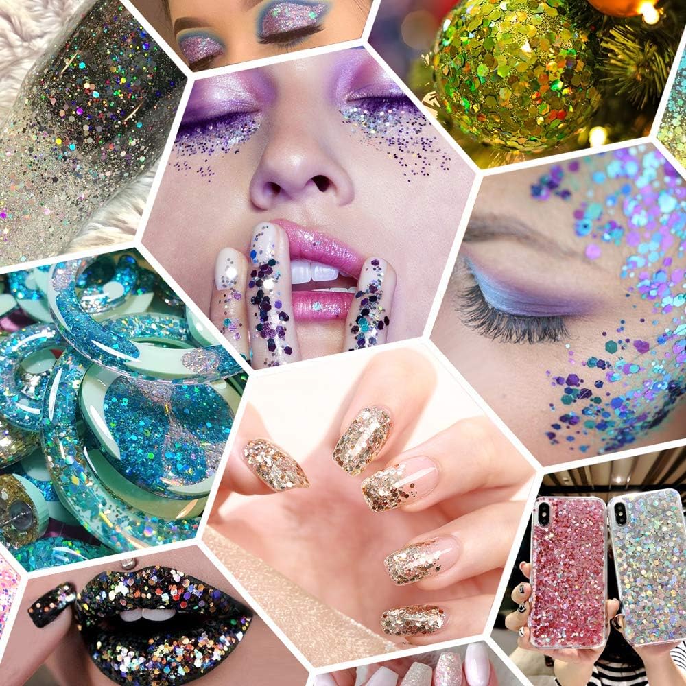 Holographic Chunky Glitter, 160G/5.64OZ, Mixed Fine & Chunky for Epoxy Resin, Iridescent for Crafts Tumblers, Halloween/Christmas Festival Painting Decor (Pearl White)