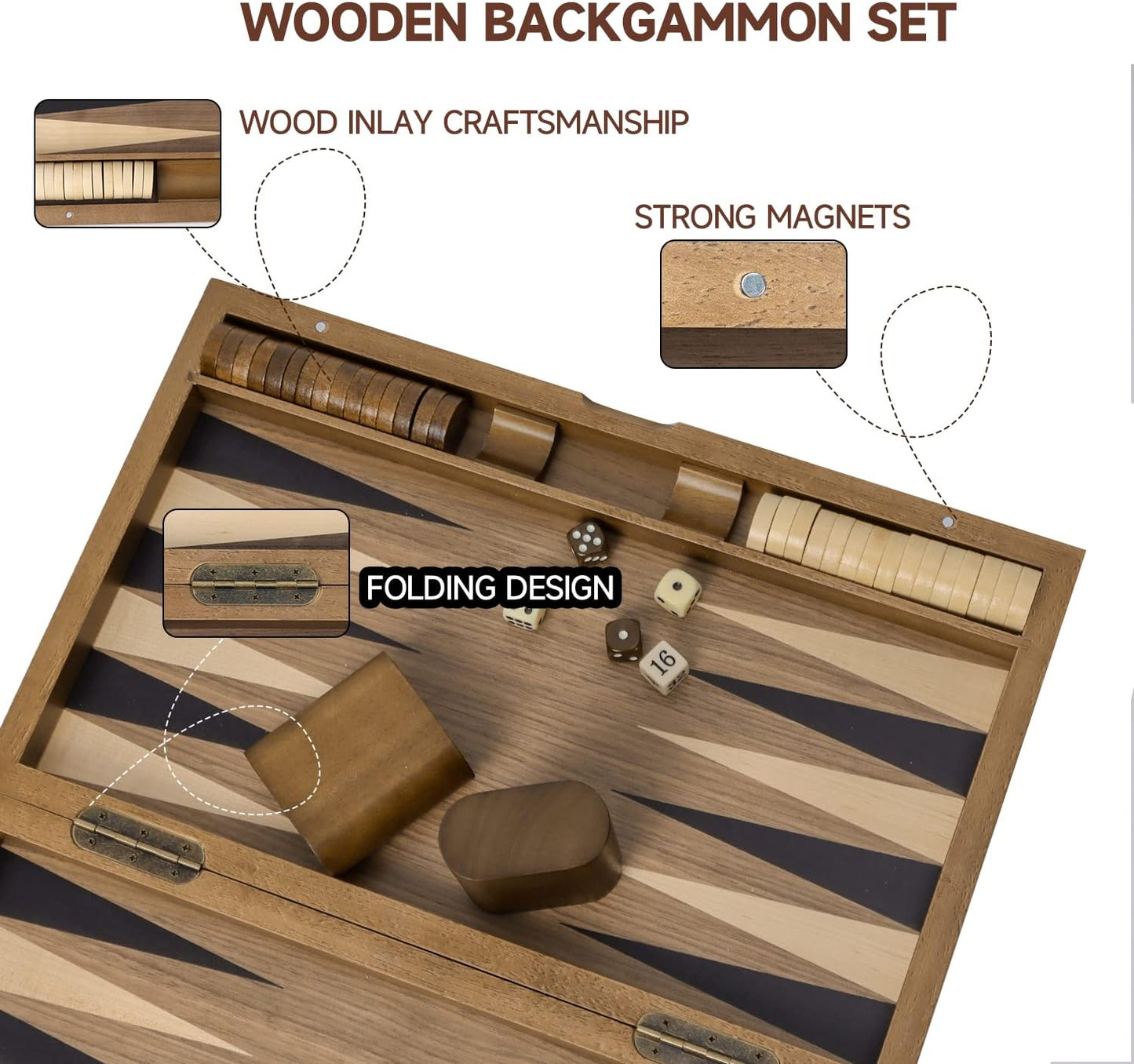 GSE Games & Sports Expert Premium Wooden Folding Inlay Backgammon Board Set, Classic Traditional Strategy Board Games (Double Stripe- 17 Inches)