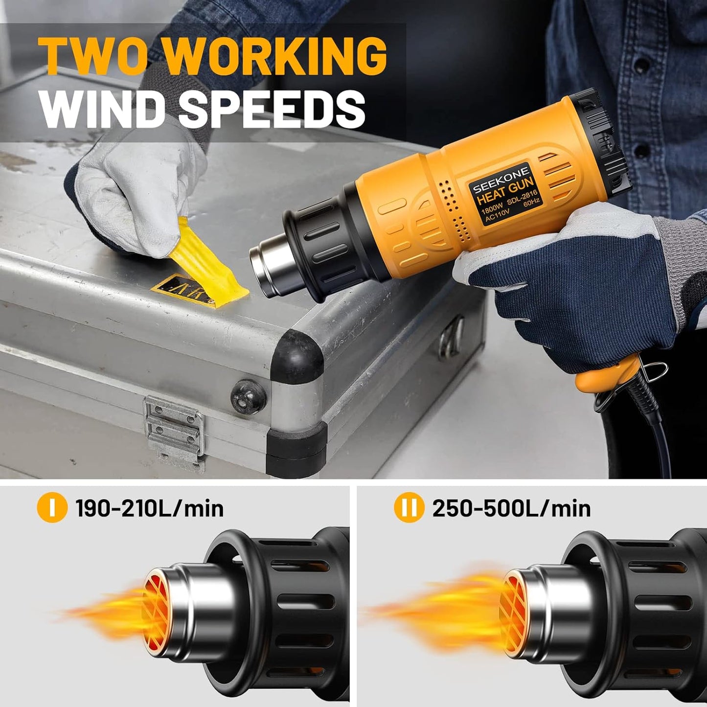 SEEKONE Heat Gun 1800W Heavy Duty Hot Air Gun Kit With Carry Case Variable Temperature Control 122℉-1112℉（50℃- 600℃） Overload Protection with 4 Nozzles for Crafts, Shrinking PVC, Stripping Paint