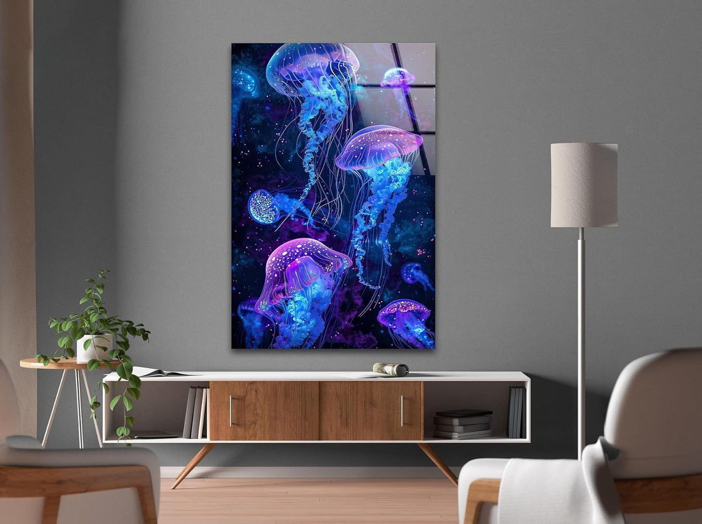 My Photostation.com 24Wx30H'' Glowing Jellyfish Glass Wall Art Tempered Glass Printing Wall Decor Large Wall Art Wall Hangings
