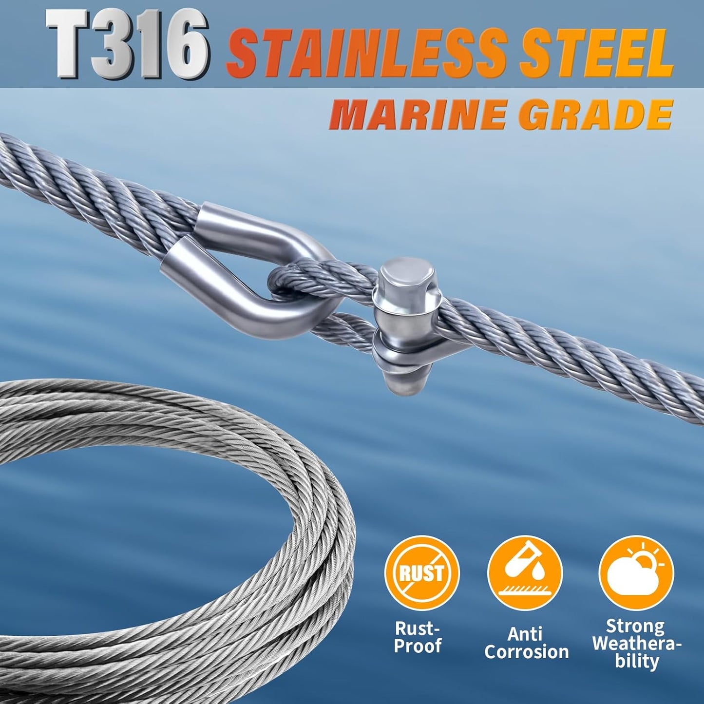 Stainless Steel Cable for Railing - 100FT 1/4" T316 Wire Rope with Clamps and Thimbles - 7 x 19 Strands 6700 LBS Breaking Strength for Outdoor Deck Railing Zipline