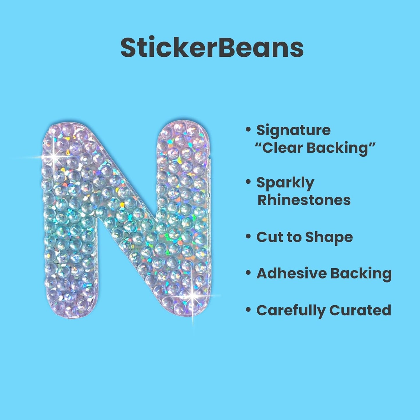 StickerBeans® Rhinestone Alphabet Letter Sticker N - Unique Sparkly Design 2” x 2” Cut-to-Shape Adhesive - Personalization, Collecting, Gifting, Scrapbooking, Decorating Laptops, Phone Cases, All Ages