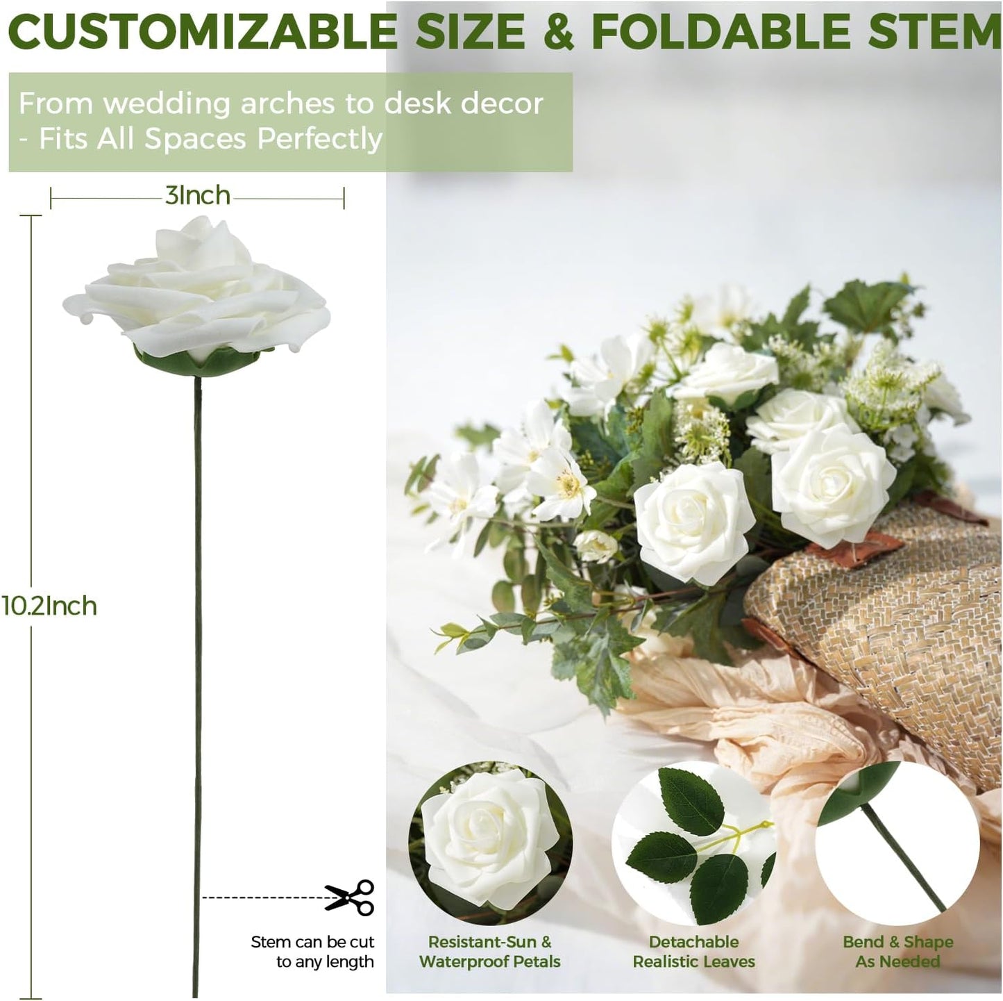 Artificial Flowers Foam Fake Roses 25pcs White Roses with Stems for Home Decor DIY Wedding Bouquets Party Bridal Shower Centerpieces Faux Flower Arrangements Tables Decorations