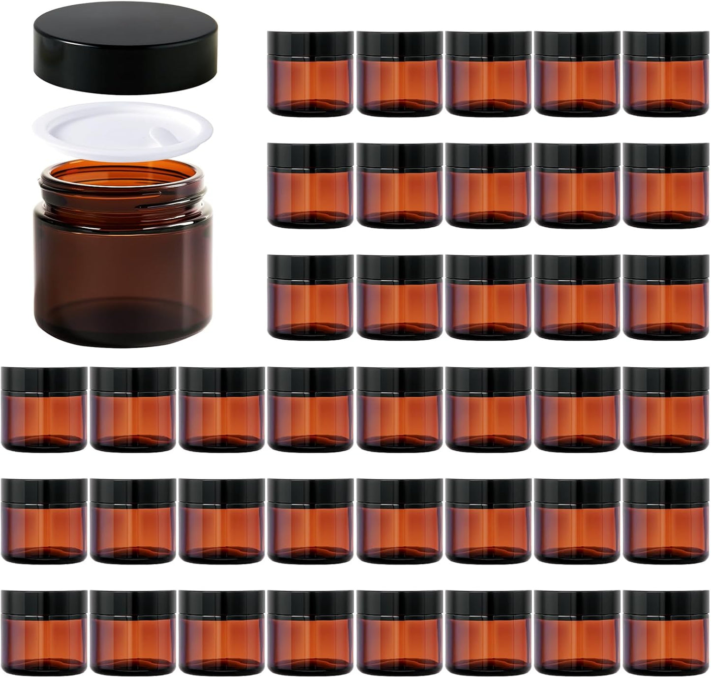2oz Jars with Lids, HOA Kinh 40 Pack Amber Glass Jars with Lids Empty Cosmetic Containers Round Airtight Glass Jar with Black Lid for Storing Lotions Powders Ointments