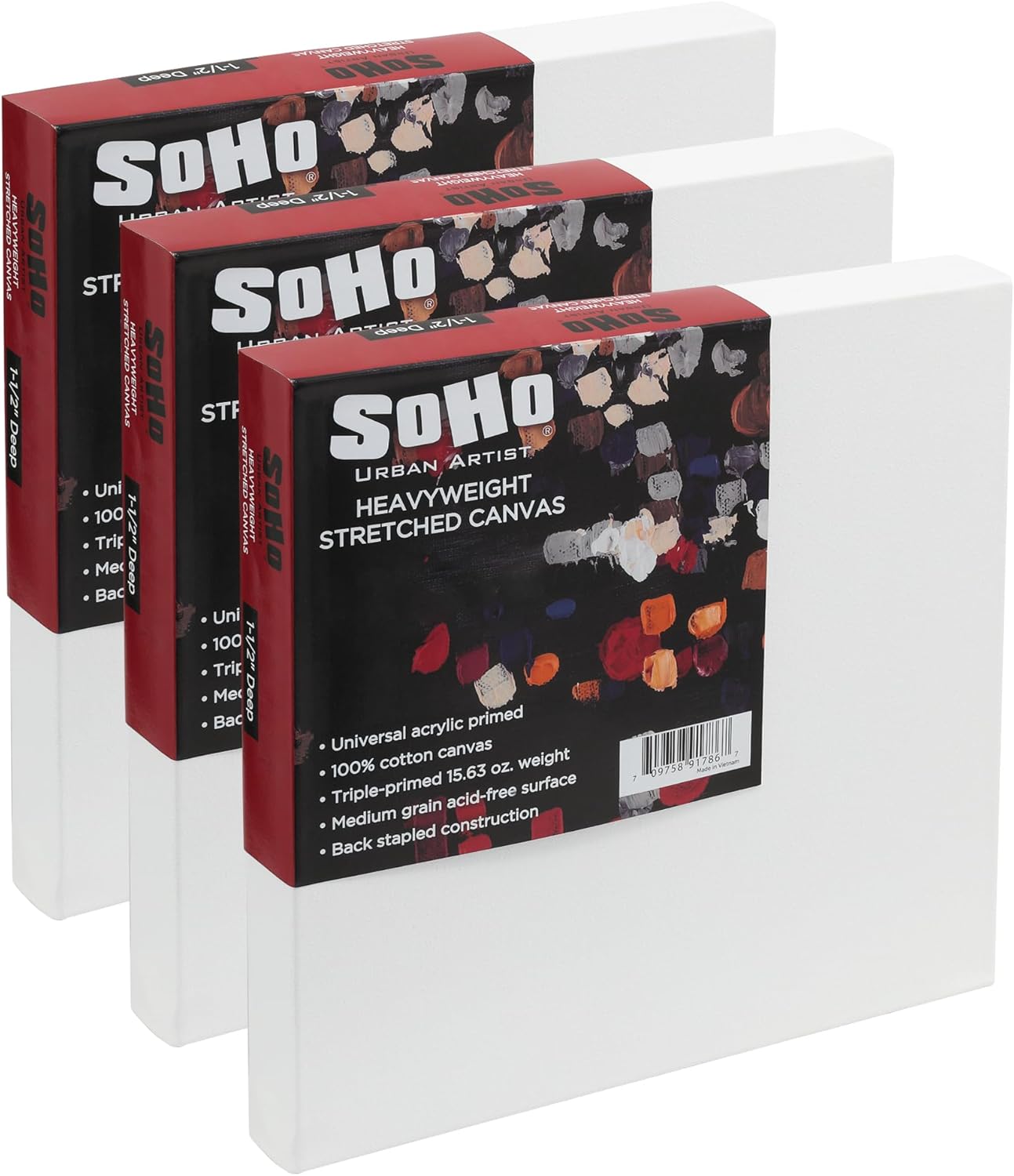 SoHo Urban Artist, 12x12 Heavyweight Stretched Cotton Canvas for Painting - 1.5" Deep- 3 Pack, Triple Primed, 100% Cotton Canvas, Archival, Universal Primed for Oil, Acrylic, Alkyd, Mixed Media