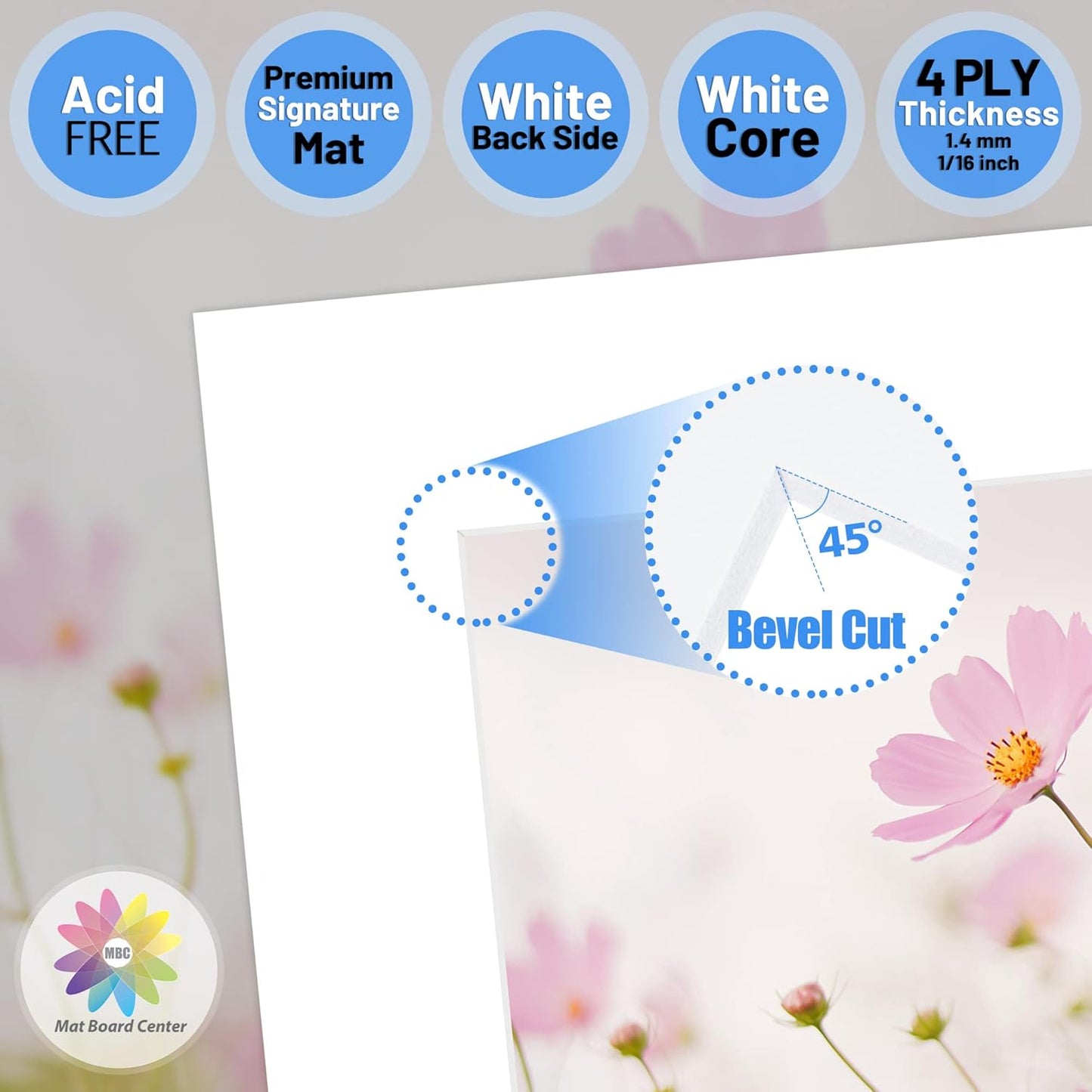 Mat Board Center, Pack of 10, 12x12 for 8x8 White Photo Picture Mats - Acid Free, 4-ply Thickness, White Core - for Pictures, Photos, Framing