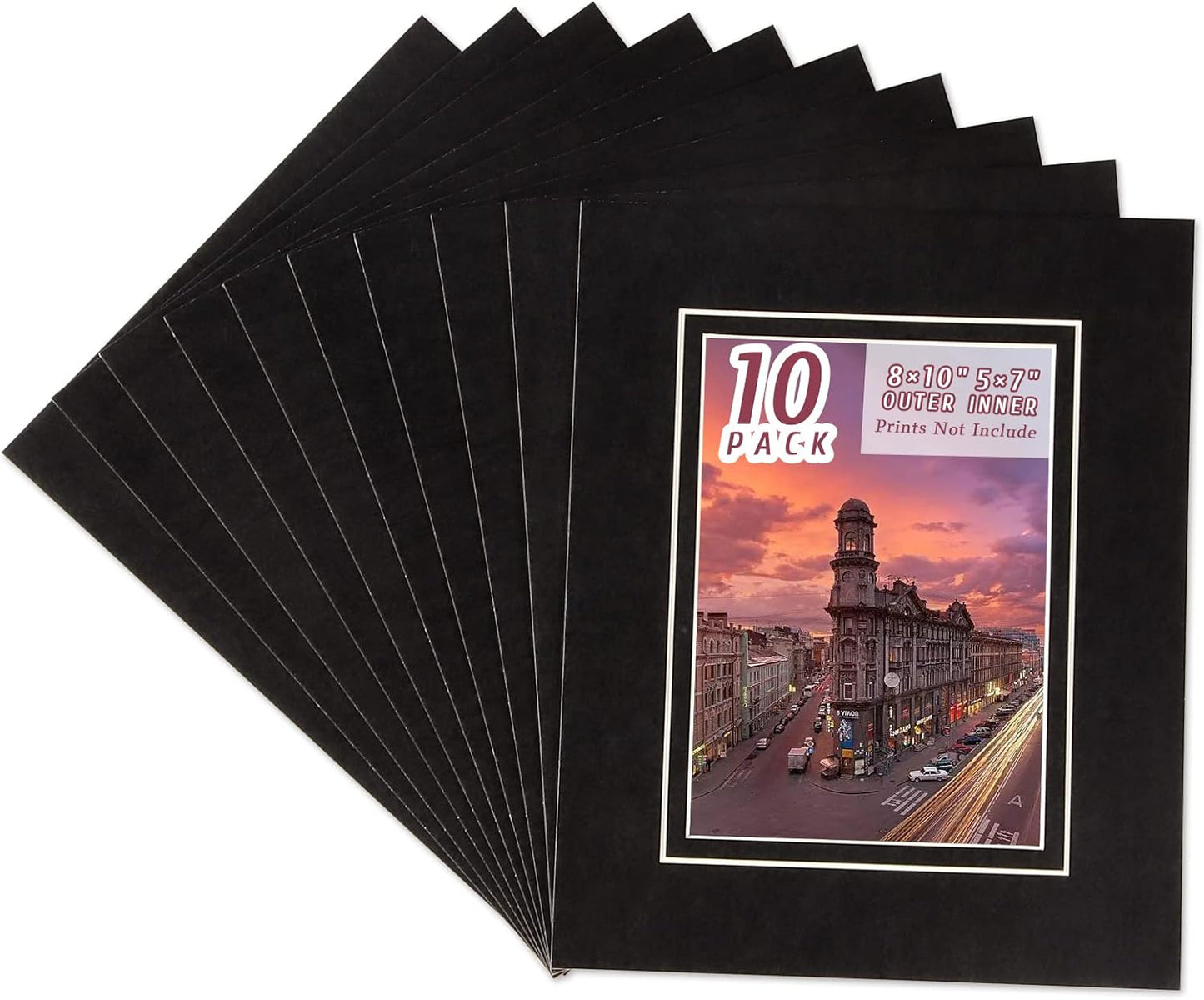HOTUO 10 Pack Acid Free Black Picture Frame Mats, Pre-Cut 8x10 Picture Mats with Ivory Core Bevel Cut for 5x7 Photo, Signature Friendly 4 Ply Thickness Photo Mat for Frames (Black with V-Groove)