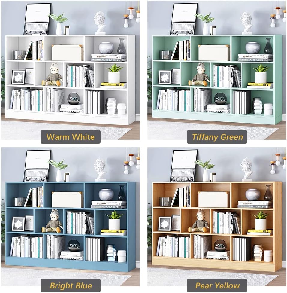 IOTXY Open Shelf Low Bookcase - Wooden 3-Tier Floor Standing Display Cabinet Organizer with Base, 10 Cubes Short Horizontal Bookshelf in Pear Yellow