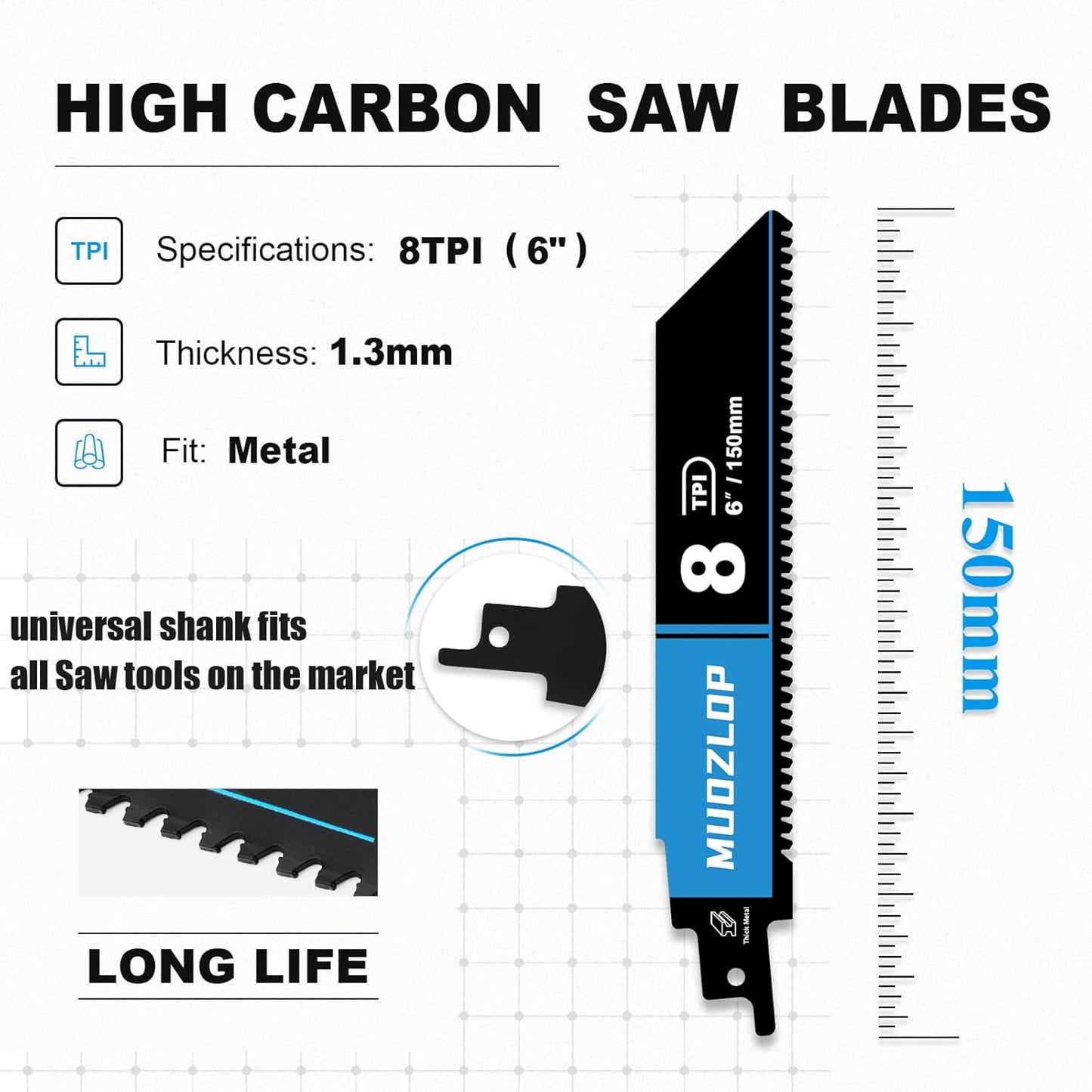 10 Pack 6 inch Reciprocating Saw Blades Set，8 TPI High Carbon Saw Blades for Metal ，Saw Blades with Organizer Case (10, 8T/6inch)