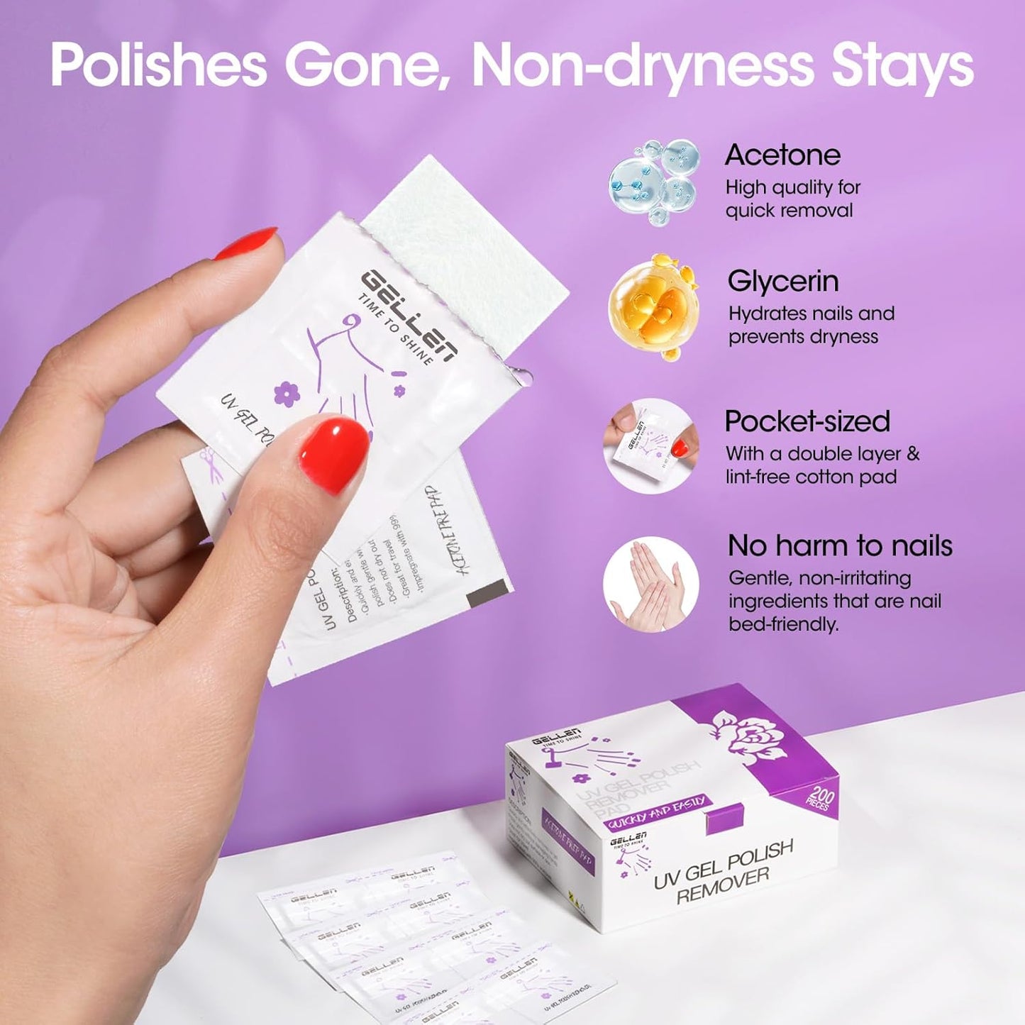 Gellen Gel Polish Remover Pad Kit, Acetone Polish Remover Pads & Alcohol Pads Cleanser Wipes, 400 Pack Travel Kit Professional Individually Wrapped Quick Easy with Glycerin Moisturizing