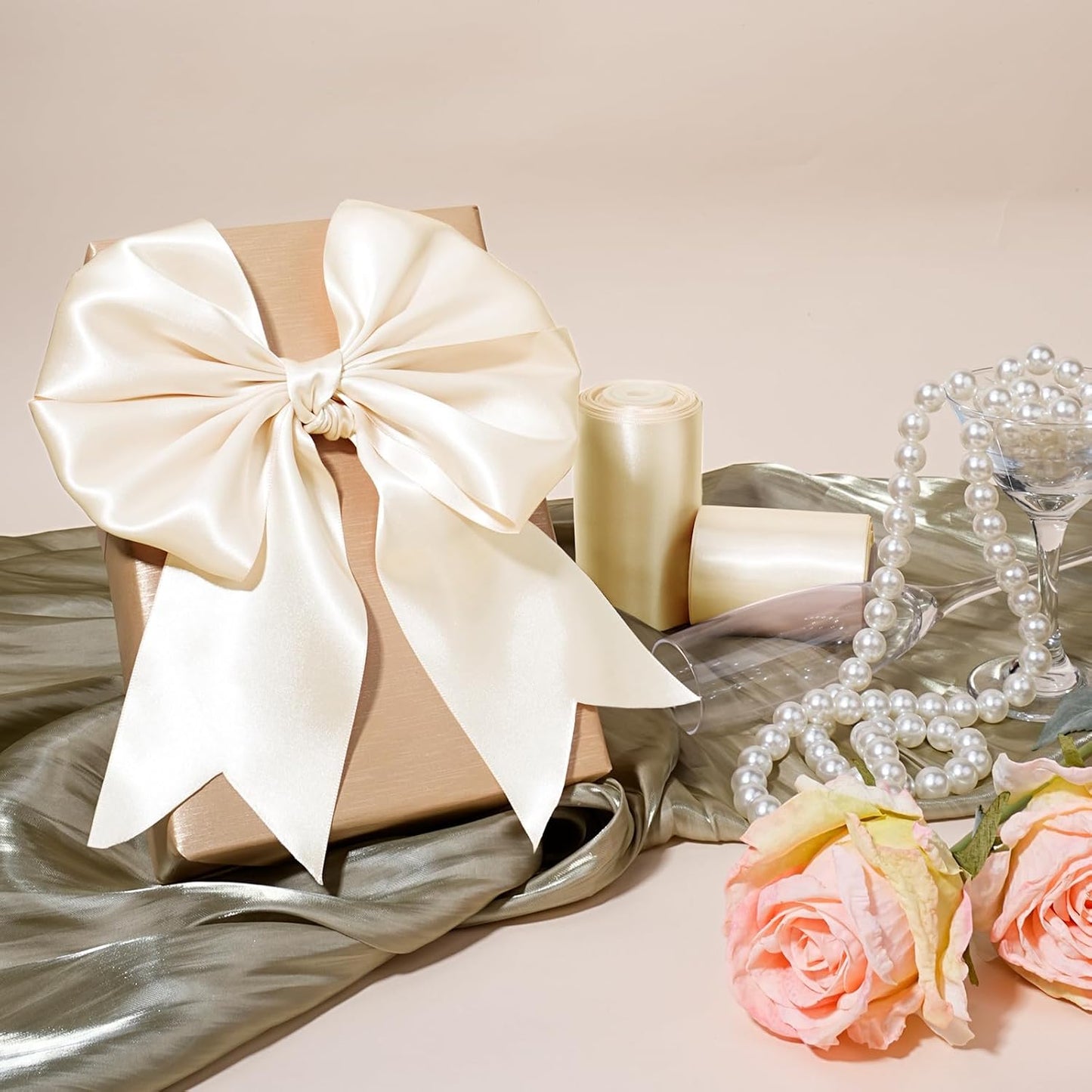 LaRibbons Nude Satin Ribbon 4 Inch 10 Yards Double Faced Luxury Nude Silk Ribbon for Gift Wrapping Flower Bouquets Bow Christmas Wedding Party Decoration