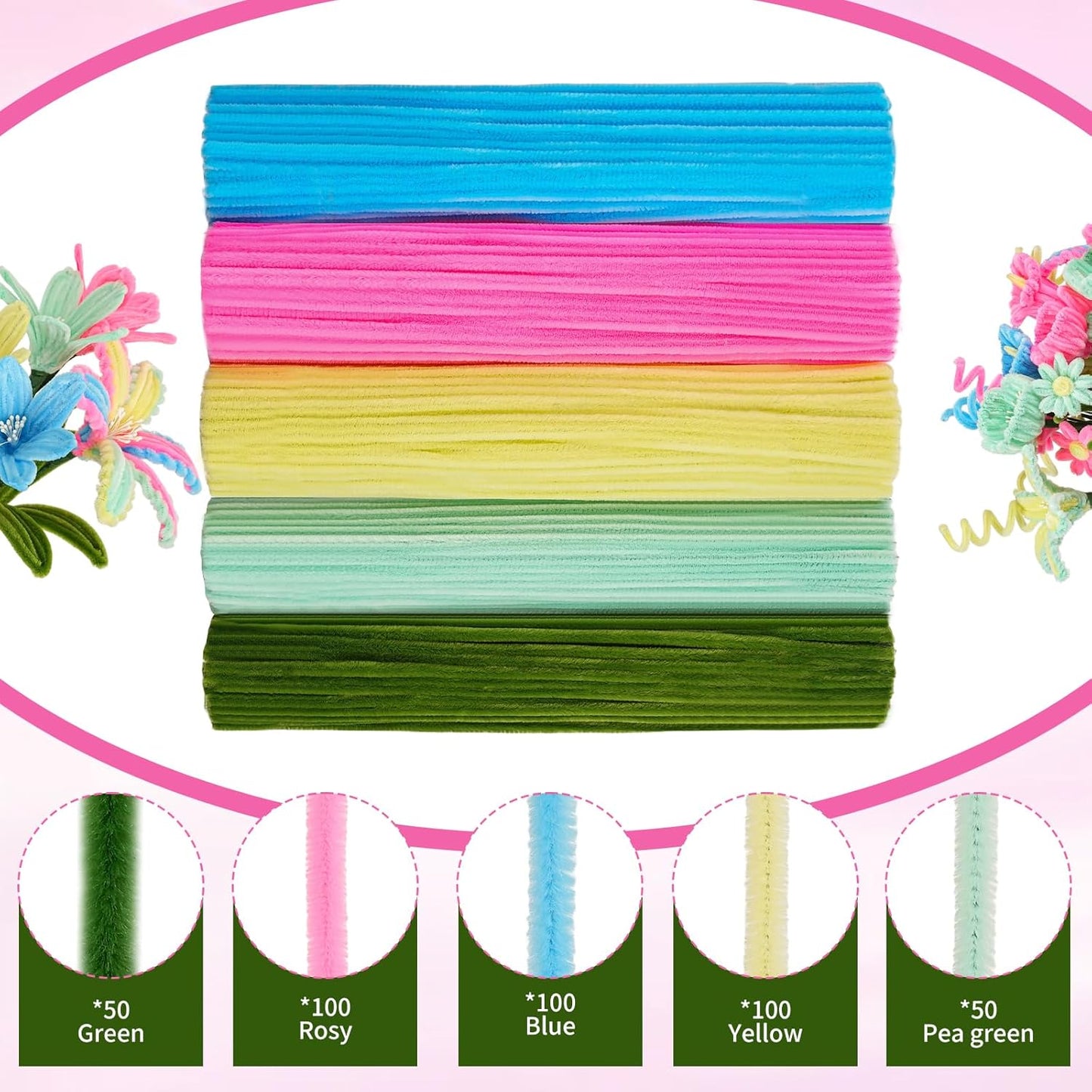 5 Mixed Macaron Colors Chenille Stems Bulk,400 Pcs Pipe Cleaners Craft with Floral Wires, Gardening Tape,Greeting Card,Bouquet Paper,Hot Glue Stick,Stamen & Ribbon,Ideals for DIY School Projects