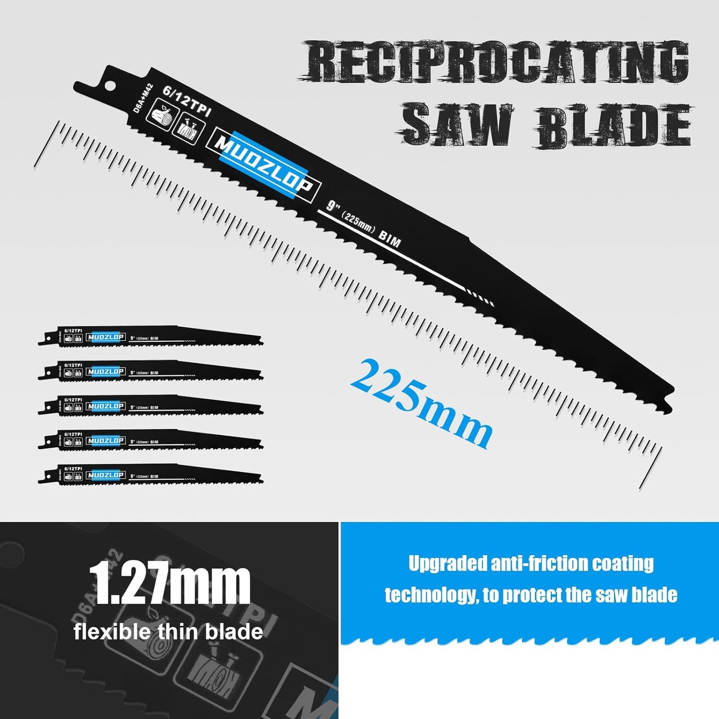 5 Pack 9 inch Reciprocating Saw Blades Set,6/12 TPI High Carbon Saw Blades, Woodcutting Saw Blades with Organizer Case (5, 6/12TPI/225mm)