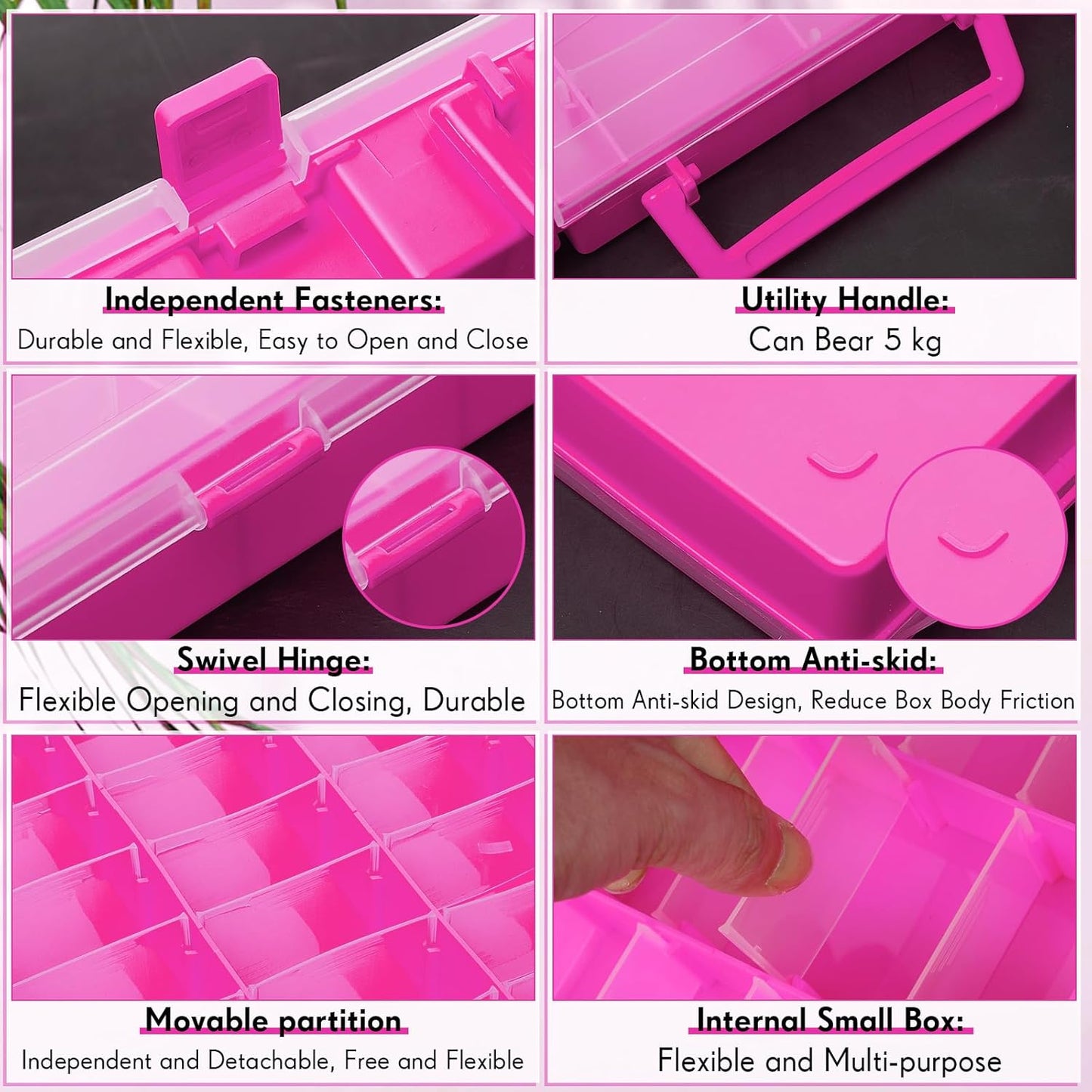 Juexica 2 Pcs Large 48 Grids Plastic Storage Bead Organizer Box, Tackle Box, Compartment Organizer Container with Adjustable Dividers for Jewelry Art Crafts Toys Screw Small Parts(Pink)