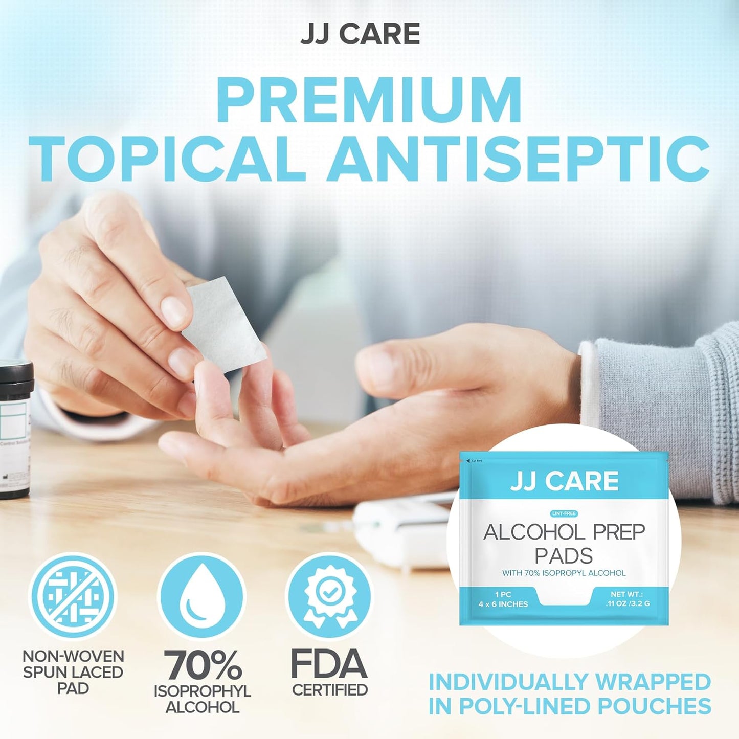 JJ CARE Large Alcohol Prep Pads [Pack of 120], 4 x 6" Sterile Prep Pads Individually Wrapped, 70% Isopropyl Alcohol Wipes, 2 Ply First Aid Swabs, Perfect for Medical, First Aid Kit & Home