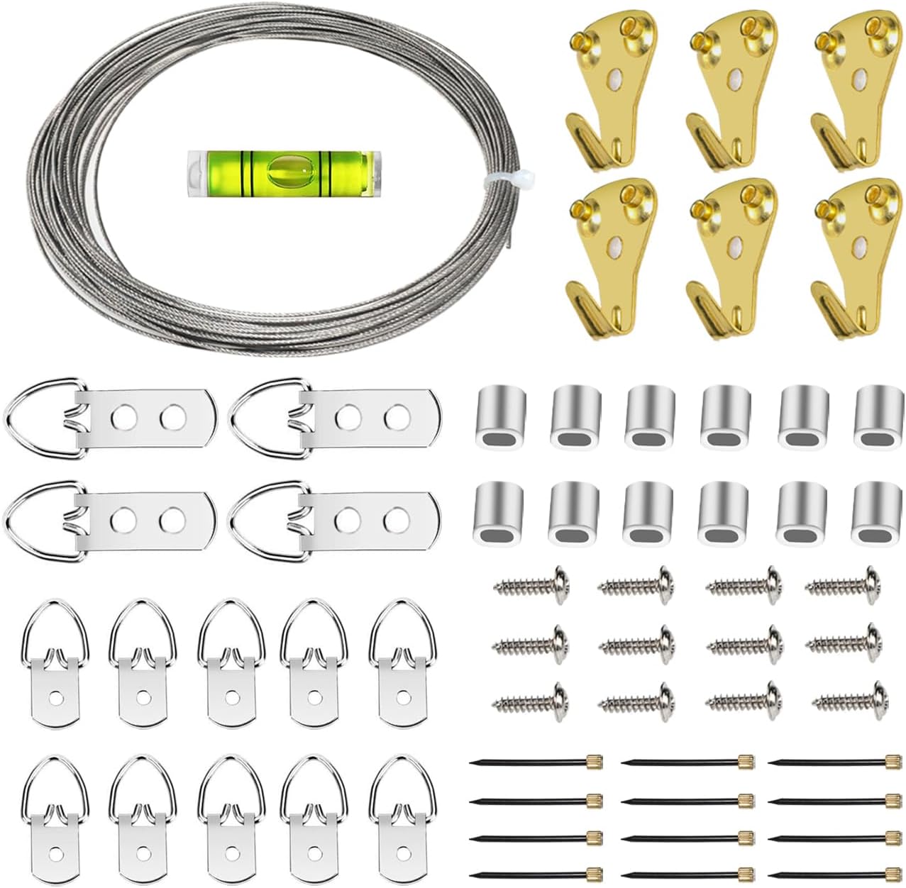 SDTC Tech Picture Wire Hanging Kit Supports Up to 40lbs with D-Rings, Wall Hanging Hooks, 50ft Stainless Steel Wire Rope, Level, Aluminum Crimping Loop Sleeve & Screws for Painting Photo Mirror Frame