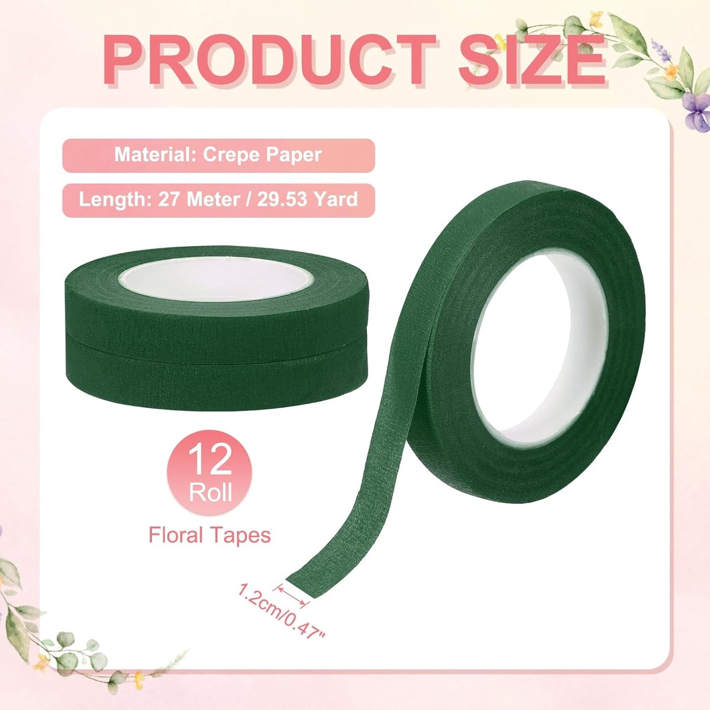 MECCANIXITY 12 Rolls Floral Tapes, 30 Yard x 1/16 in Florist Crepe Flowers Bouquets Tape Adhesive Waterproof for Flower Arranging Wrapping, Deep Green
