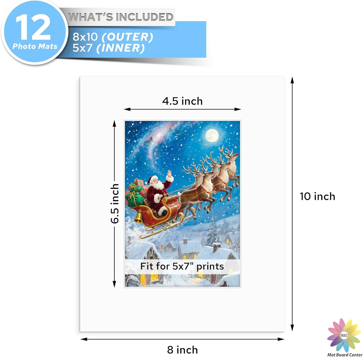 Mat Board Center, 8x10 White Mats for 5x7 Pictures - Acid Free, 4-ply Thickness, White Core, Bevel Cut - for Artworks, Photos, Framing - Pack of 12