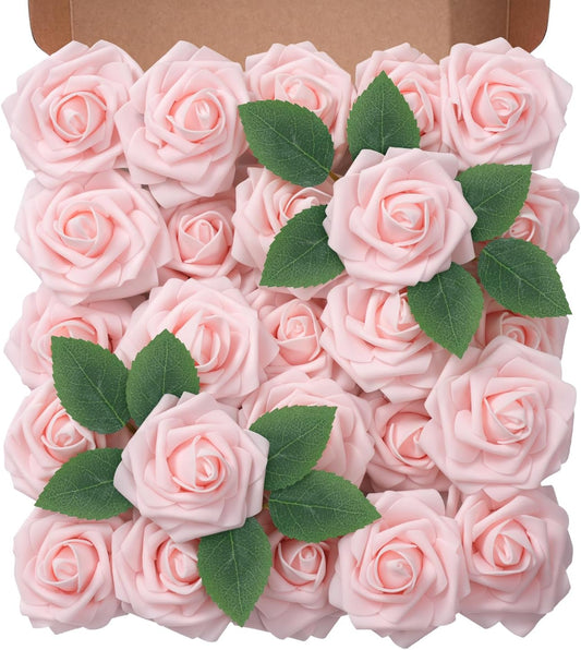 Artificial Flowers Foam Fake Roses 25pcs Light Pink Roses with Stems for Home Decor DIY Wedding Bouquets Party Bridal Shower Centerpieces Faux Flower Arrangements Tables Decorations