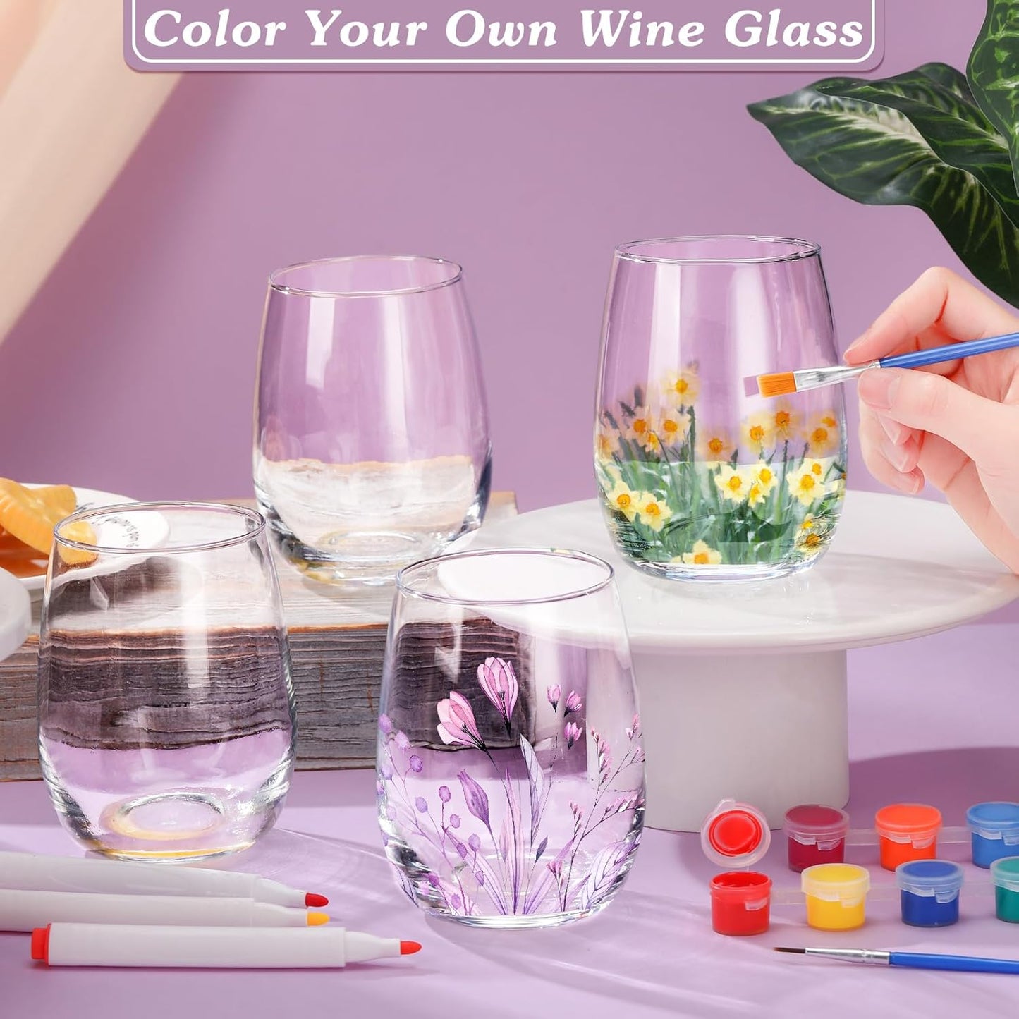 Pickmesh 4 Set Paint Your Own Glasses Kit for Adults 15 oz Wine Glass 12 Pcs DIY Markers 12 Colors Acrylic Paint with Brushes to Design Your Own Wine Glasses Gifts(Stemless)