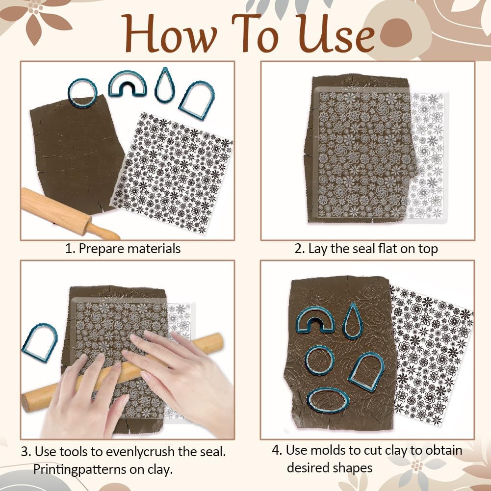 CHGCRAFT Plum Blossoms Polymer Clay Texture Sheets Art Rotation Flowers Silicone Texture Stamp Clay Texture Mat Modeling Pattern Pad Texture Sheets for Jewelry and Clay Earrings Tools