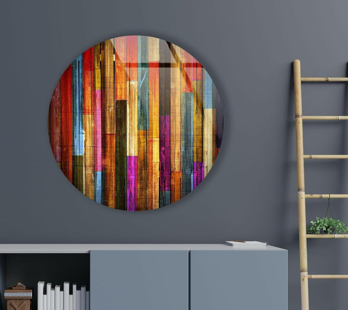 My Photostation.com 39,4''(100cm) Diameter Colorful Wood Pattern Round Glass Wall Art Tempered Glass Printing Wall Decor Large Wall Art Wall Hangings
