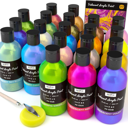 Nicpro 20 Colors Iridescent Acrylic Paint, 8.45oz / 250ml Large Bulk Metallic Acrylic Paint,Color Shifting & Non-Toxic Art Painting Supplies For Canvas Fabric Rock Wood with Paint Knife Color Wheel