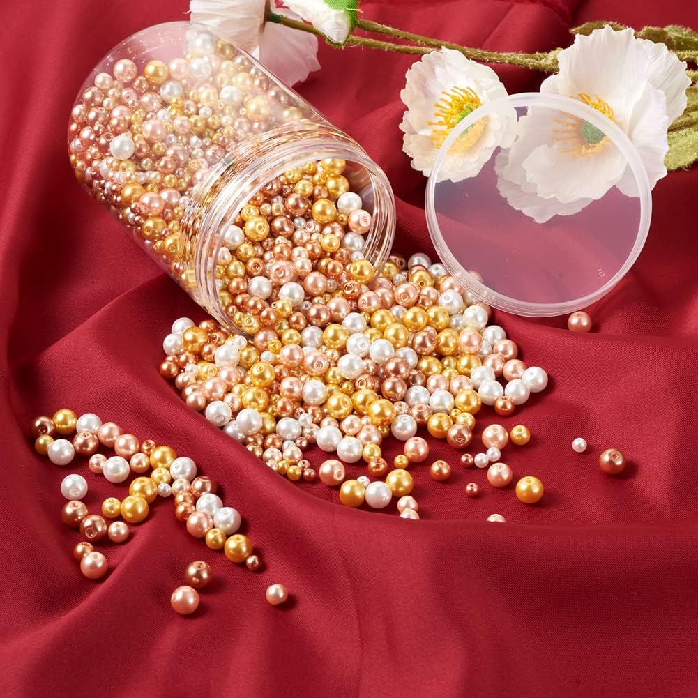 About 1695Pcs 4/6/8mm Glass Pearl Beads Pearlized Beads Multi Colors Round Spacer Beads for DIY Craft Jewelry Making Hole: 1mm, Mixed Gold