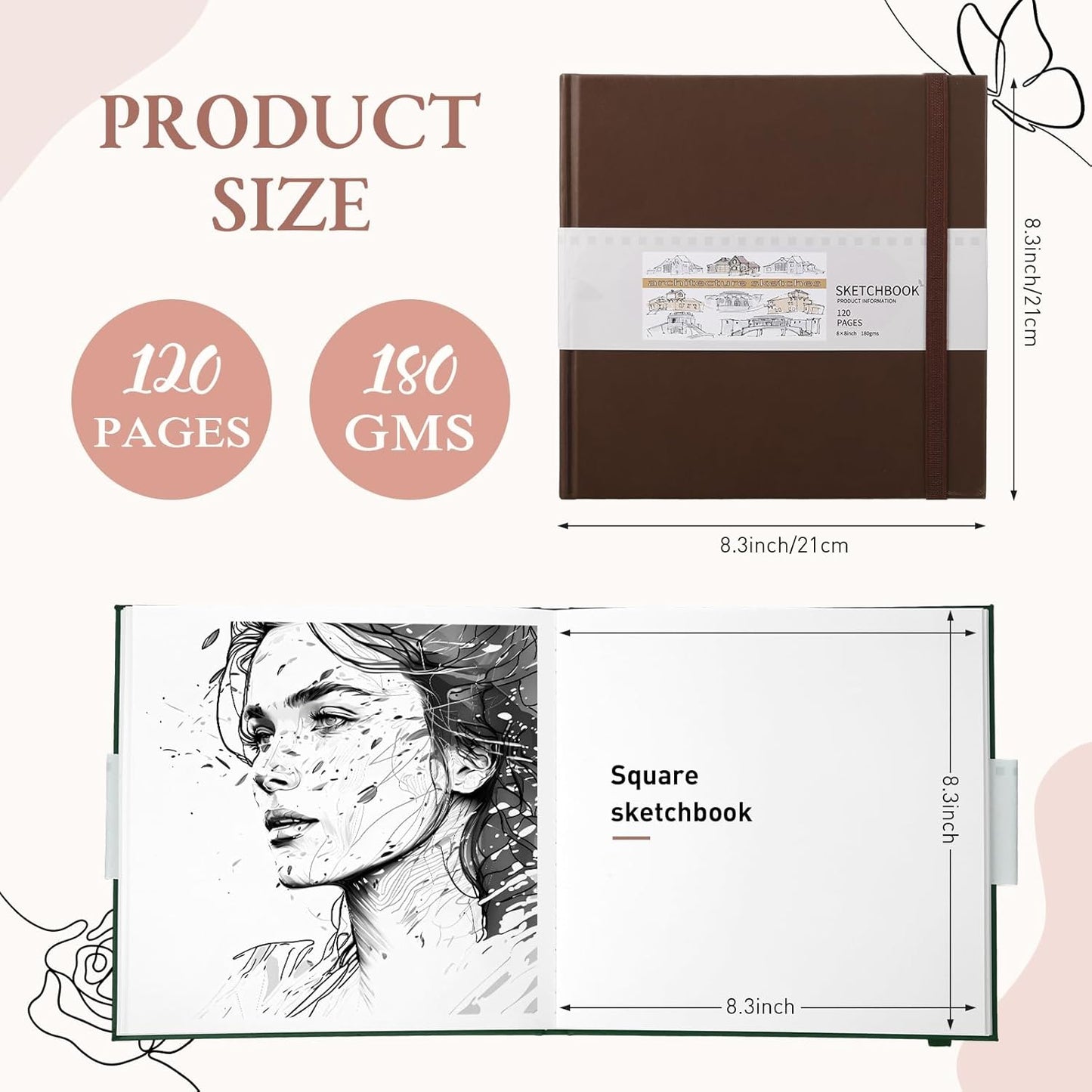 Moinchore Back to School Gifts Square Sketchbook 8 x 8 Inch Hardcover Art Sketch Book Drawing Papers 120 Pages, Mixed Media Journal Notebook with Elastic Closure Sketchbook for Drawing(Brown)