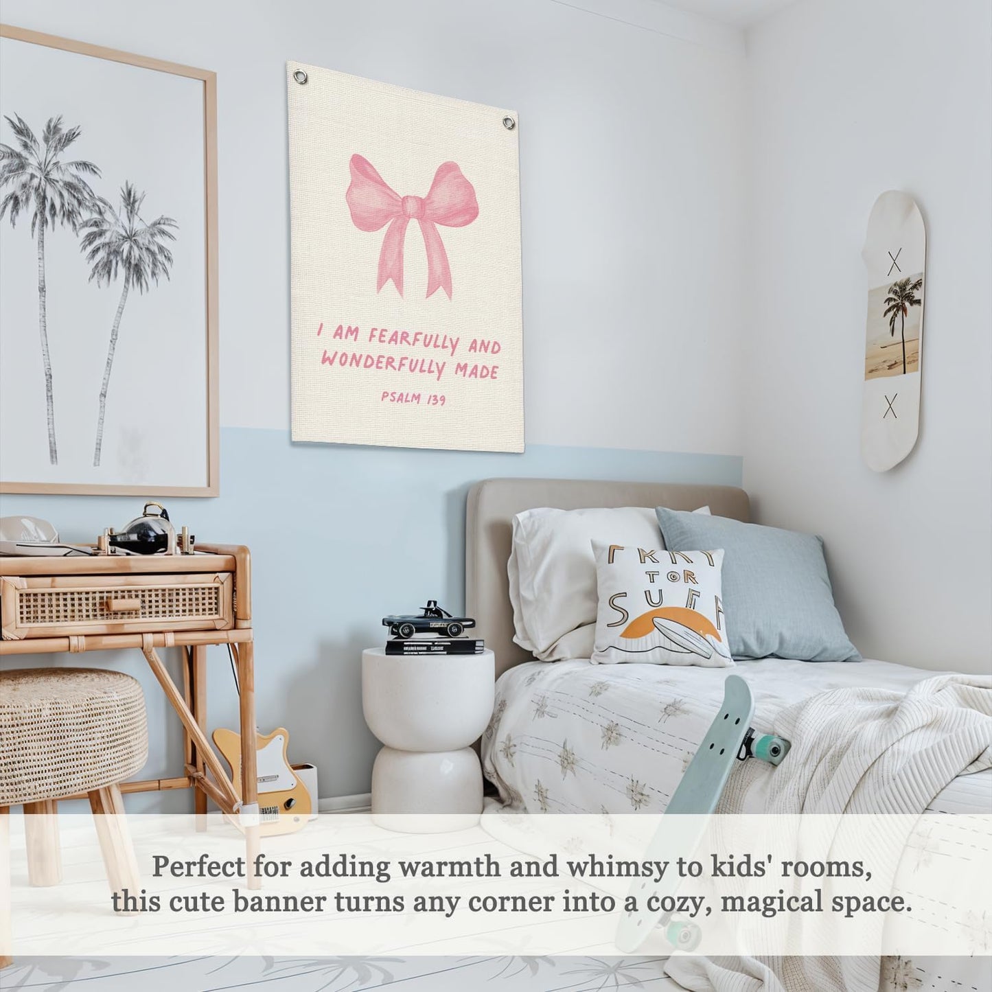 Bible Verses Wall Decor,Pink Coquette Bow Linen Canvas Banner,Christian Wall Art I Am Fearfully And Wonderfully Made Wall Hanging Flag for Kids Girl Bedroom Living Room Dorm 18x25 Inch