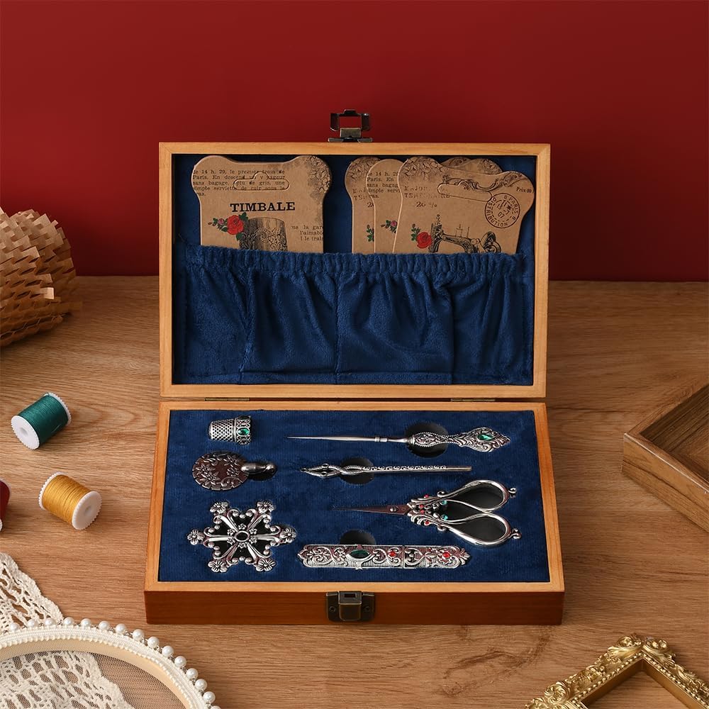 NOTIONSLAND Vintage Embroidery Scissors Kit, Stainless Steel Sewing Tools, Scissors, Sewing Awl, Needle Case, Thimble, Winding Board for Sewing, Knitting, Cross Stitch, Quilting, Silver