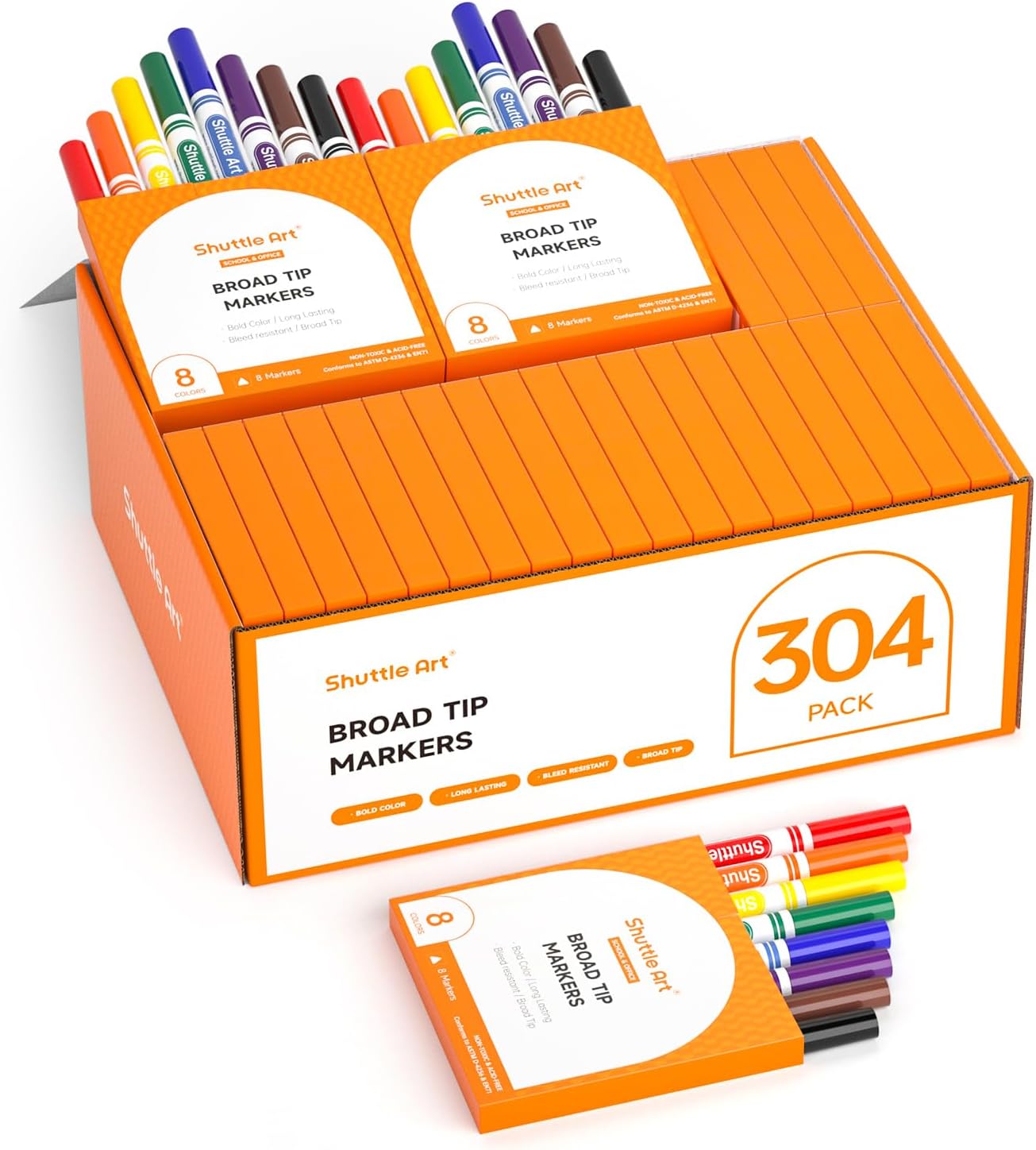 Shuttle Art 304 Pack Washable Markers, 8 Colors Broad Line Markers, Separate Pack of 38, Conical Tip Marker Bulk with a Box, Home Classroom School Supplies for Toddlers Kids Adults Students Teachers