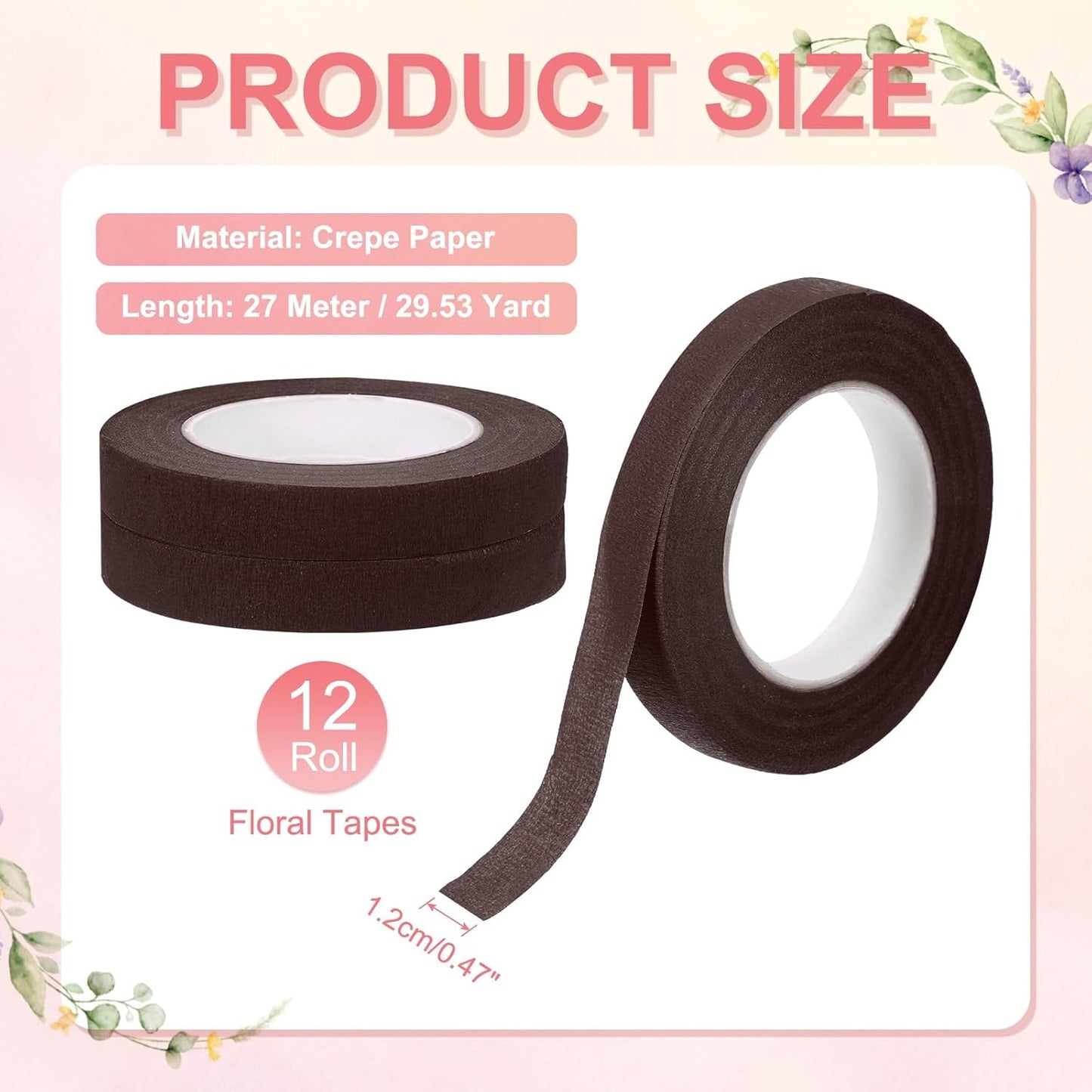 MECCANIXITY 12 Rolls Floral Tapes, 30 Yard x 1/16 in Florist Crepe Flowers Bouquets Tape Adhesive Waterproof for Flower Arranging Wrapping, Red Brown