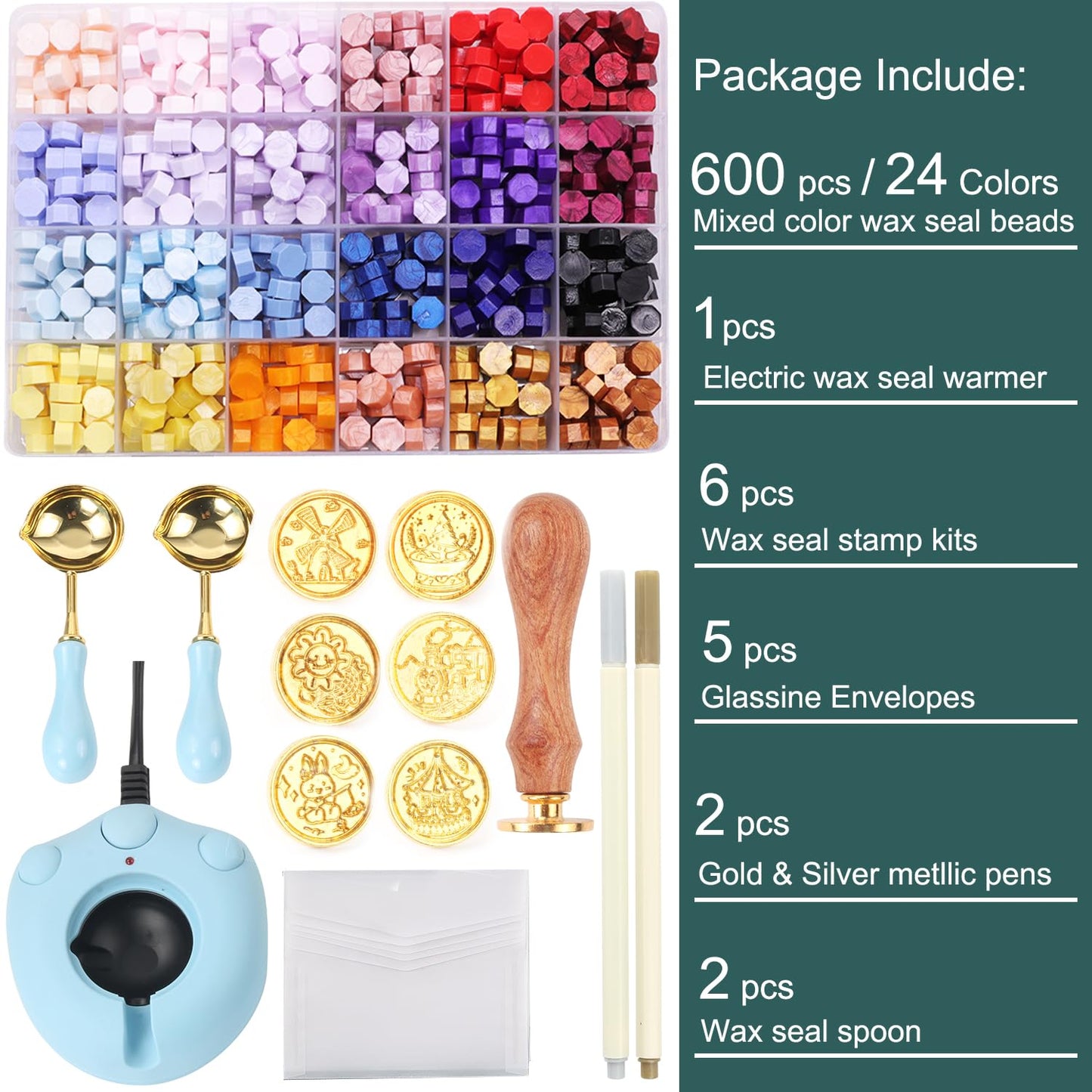 Wax Seal Kit with 24 Colors Wax Seal Beads 600pcs, 6PCS Wax Seal Stamps, Electric Sealing Wax Warmer, Envelopes and Wax Seal Metallic Pen for Gift and Decoration (Cartoon)