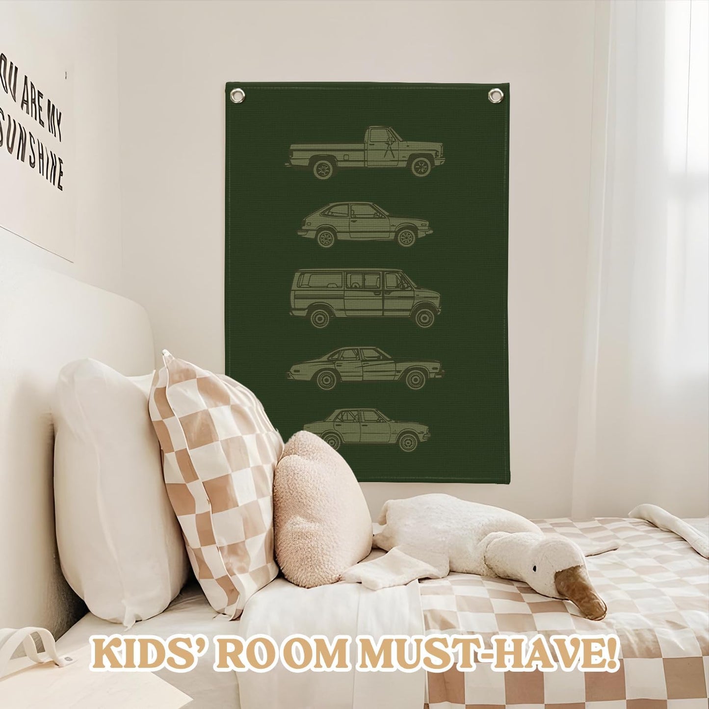 Toddler Boy Room Decor,Car Room Decor Linen Canvas Banner,Retro Car Wall Hanging Flag Banner for Little Boy Bedroom,Playroom Nursery 18x25 Inch