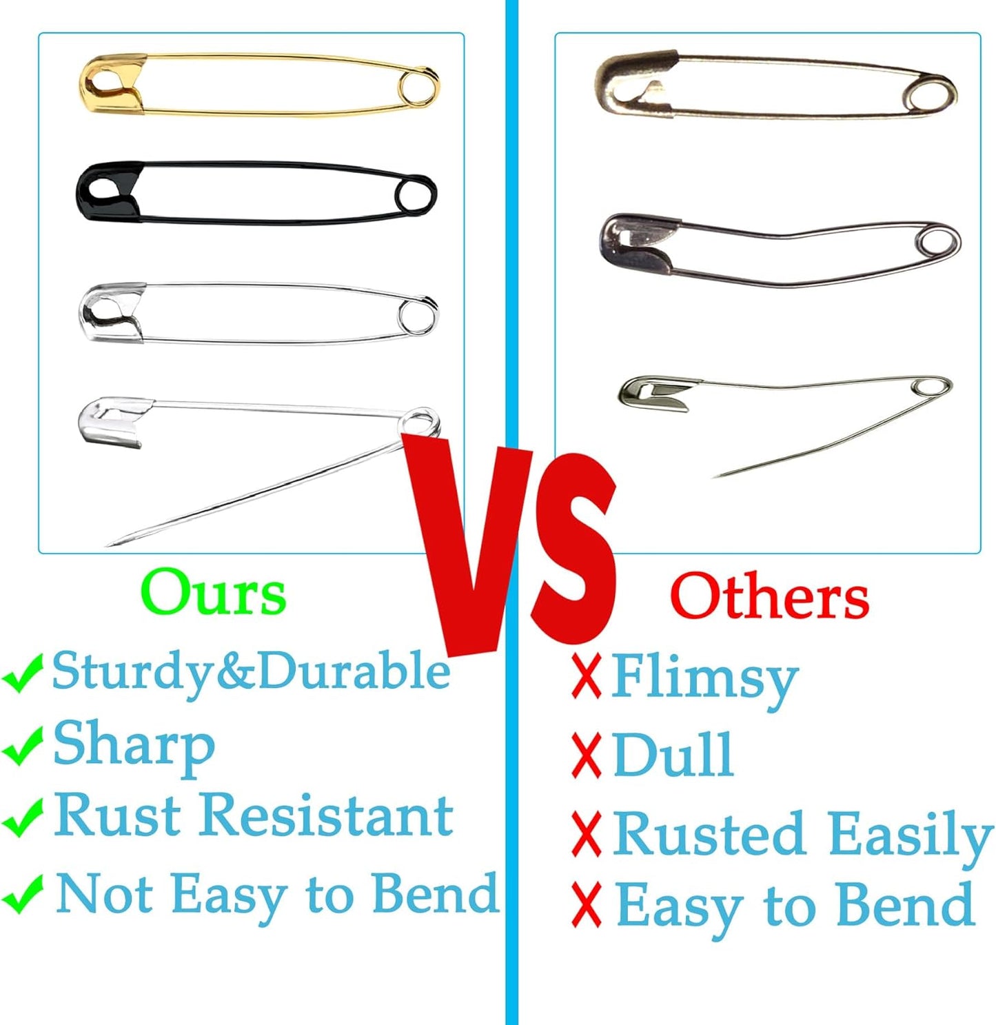 60PCS Safety Pins, 3 inch Large Safety Pins, Rust-Resistant Nickel Plated Steel, Sharp Edge Safety Pin for Clothes, Sewing, Arts & Craft, 75mm Decorative SafetyPins (Gold)