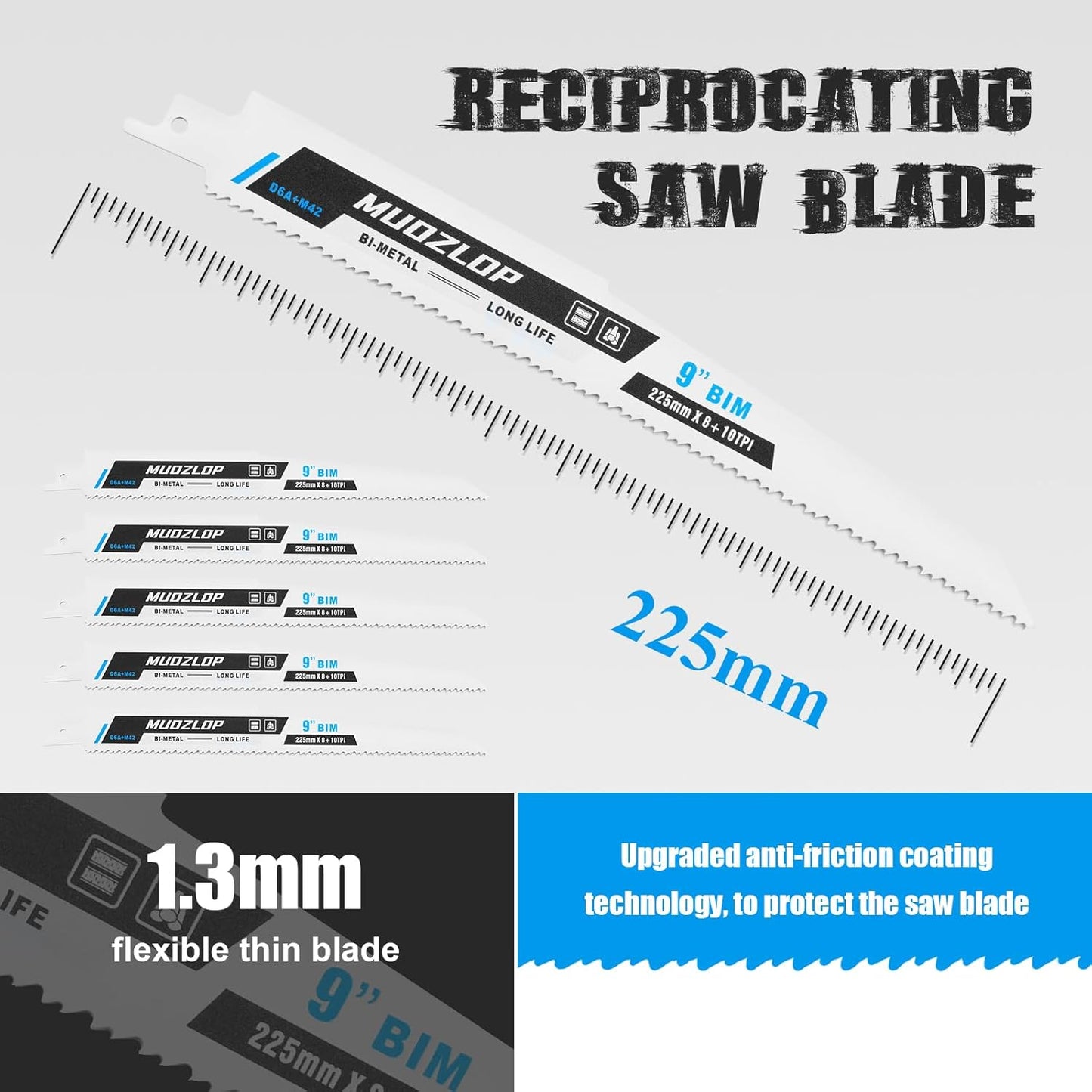 5 Pack 9 inch Reciprocating Saw Blades Set,8+10TPI High Carbon Saw Blades,Metal Saw Blades with Organizer Case (5, 8+10TPI/225mm)