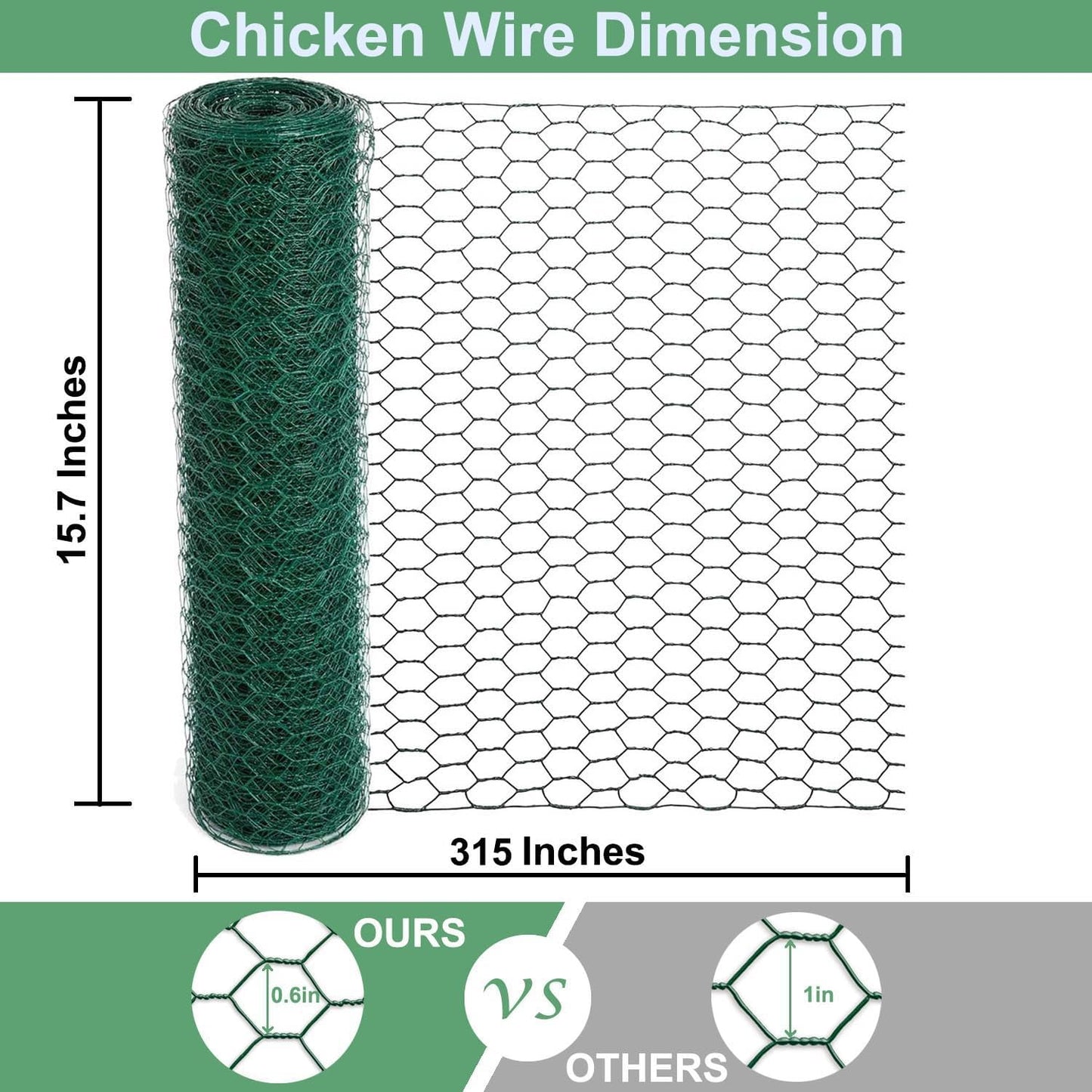 Chicken Wire 15.7 x 315 Inches Chicken Wire Fencing Mesh Green PVC Coated Floral Chicken Wire for Crafts Poultry Garden, Hexagonal Galvanized Chicken Coop Rabbit Wire Fencing Netting