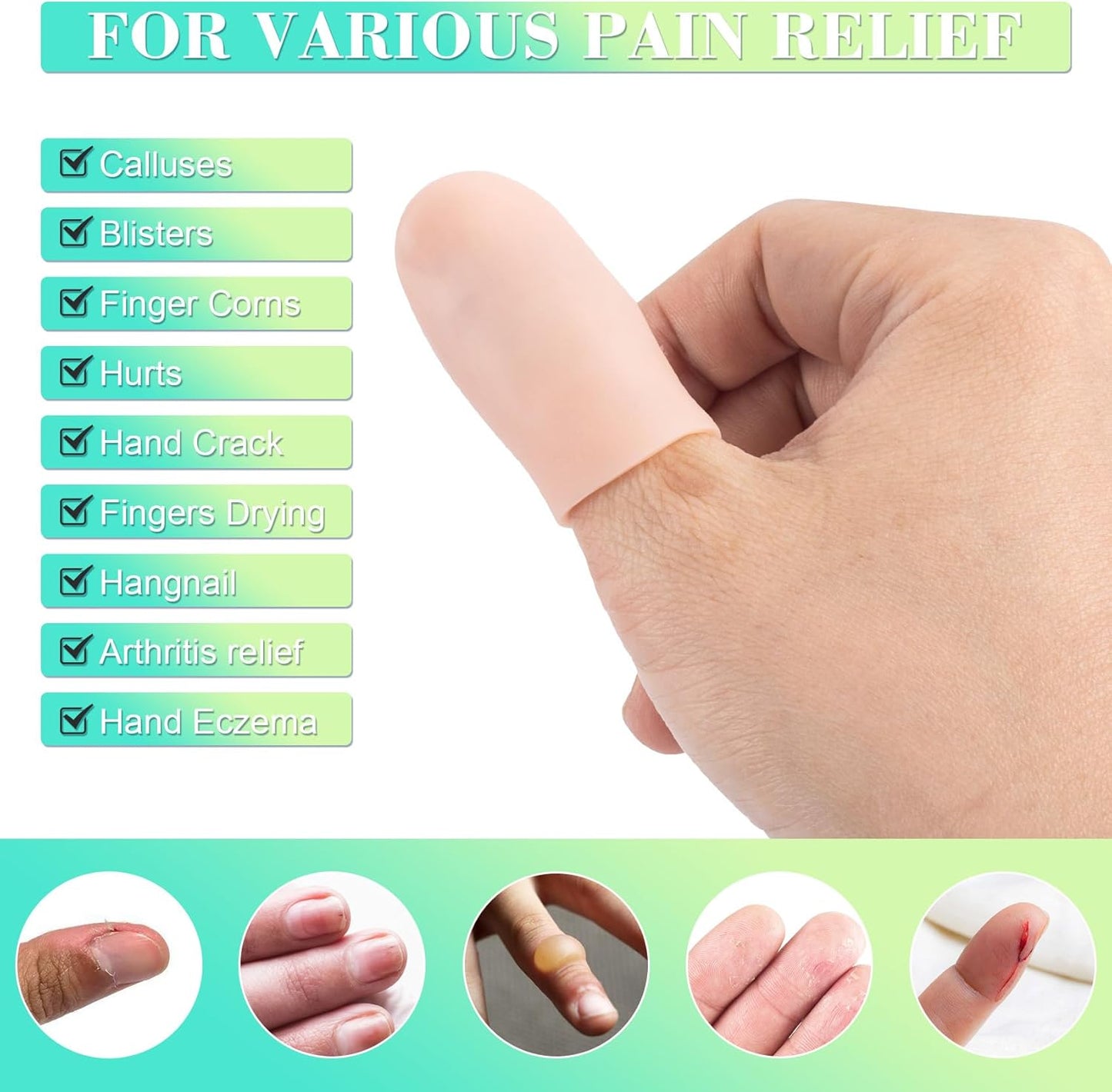 PAGOW 10pcs Gel Finger Cots/Covers, Silicone Finger Protector Support, Finger Caps Finger Sleeves Thumb Protector for Finger Cracking Trigger Finger Arthritis Pain Relief (Beige, Short)