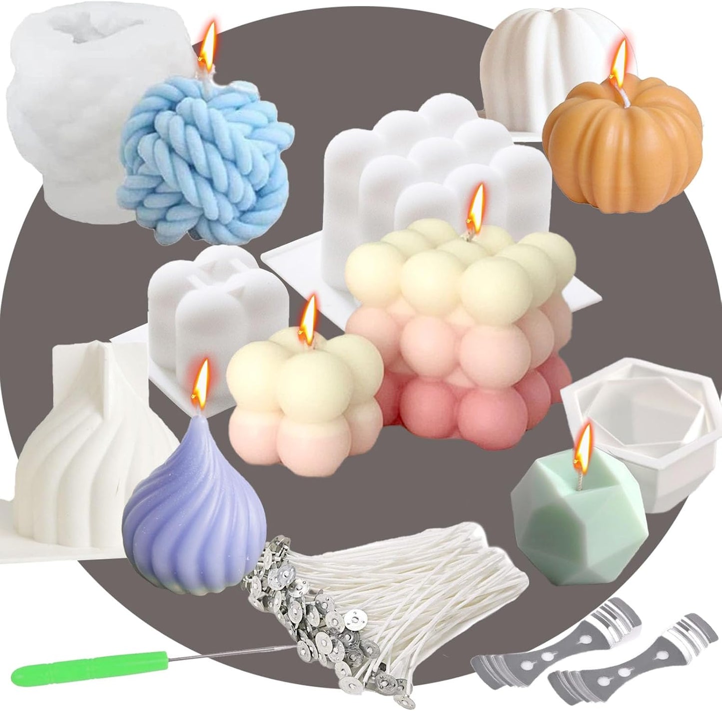 6pcs Silicone Candle Making Molds Kit Set, 3D Silicone Mold for Baking Desser, Soy Wax, Soap Geometric Pumpkin Shapes Yarn Ball Bubble Cube Molds DIY Scented Candle
