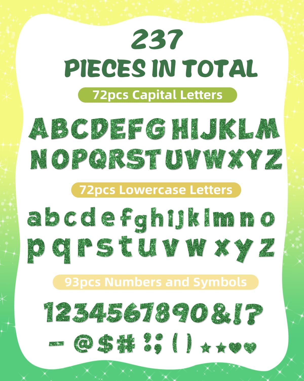 237 Pcs Glitter Bulletin Board Letters, Numbers and Punctuation, Poster Board Letters Alphabet Cut Out Cardboard Letters Accessories for Classroom Display Decorating Supplies 4inch (Green)