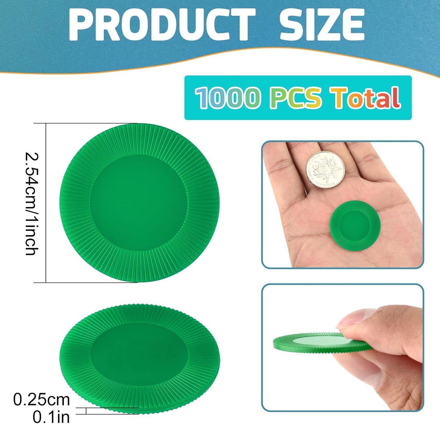Coopay 1000 Pieces Plastic Poker Chips, Bingo Chips Bulk Learning Counters Disks Poker Card Game, Counting Markers for Math Practice, Game Tokens and Teaching Rewards, 25 mm/ 1 Inch (Green)