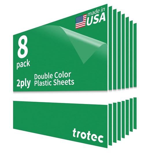 Trotec TroLase | 12"x12"x1/16", 8 Pcs | Bright Green/White | 2 Ply | Modified Acrylic | Laser Engraving Double Color Plastic Sheet | Engraving Blanks for Laser, Saw, Guillotine | Made in USA