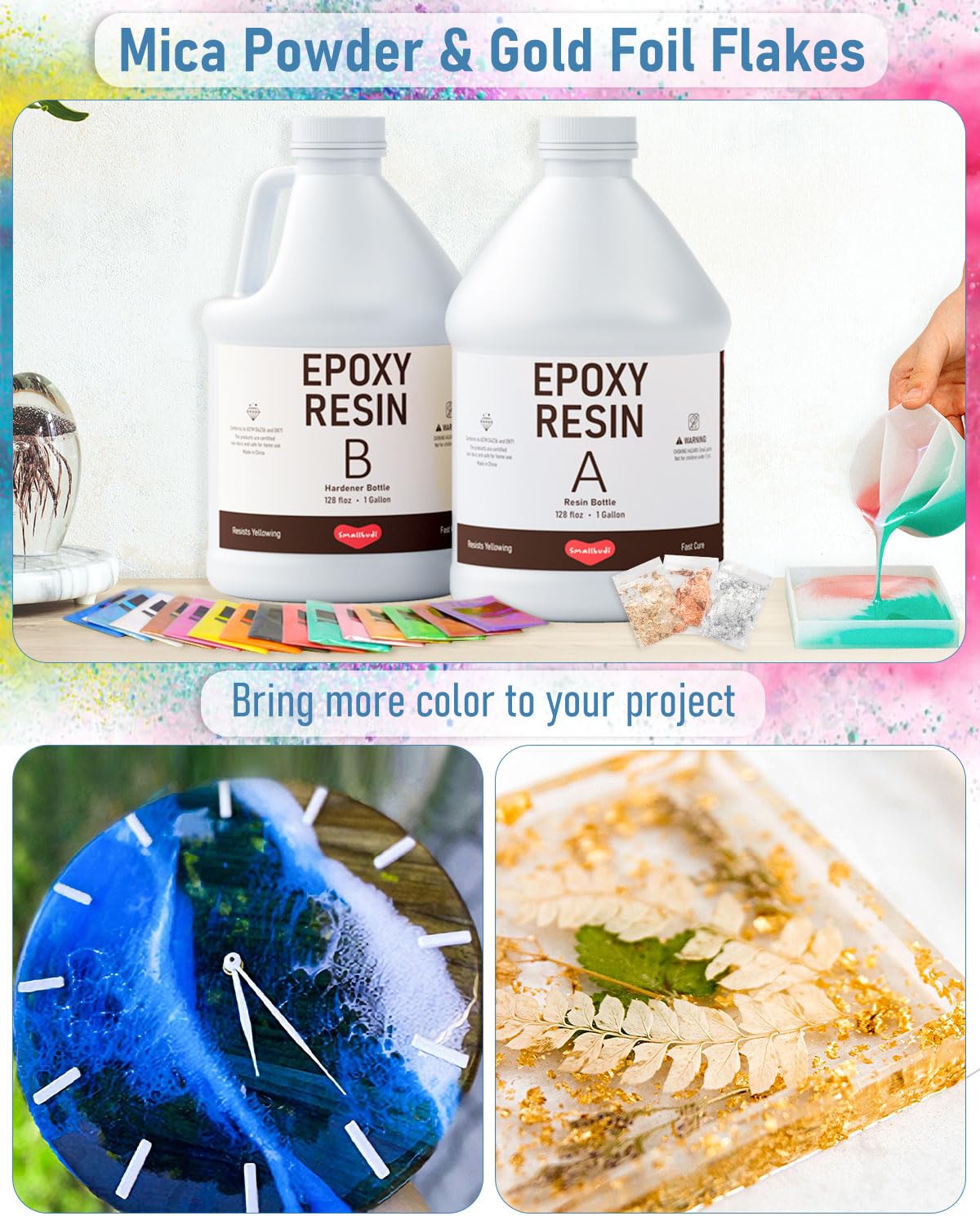 4 Gallon Epoxy Resin Kit with Mica Powder, Gold Foil, Cups & Stick, Crystal Clear Resin Beginner Supplies for Coating Casting Table, Molds, Jewelry Making, DIY Art Craft, 1:1 Ratio
