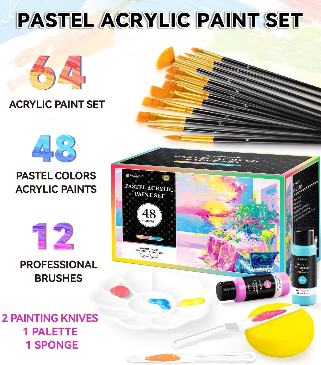 64 PCS Pastel Acrylic Paint Set with 12 Brushes, 2 Knives & Palette, 48 Colors (2oz/60ml) Art Craft Paint for Adults Kids Artists Beginners, Halloween Pumpkin Canvas Ceramic Rock Painting Kit