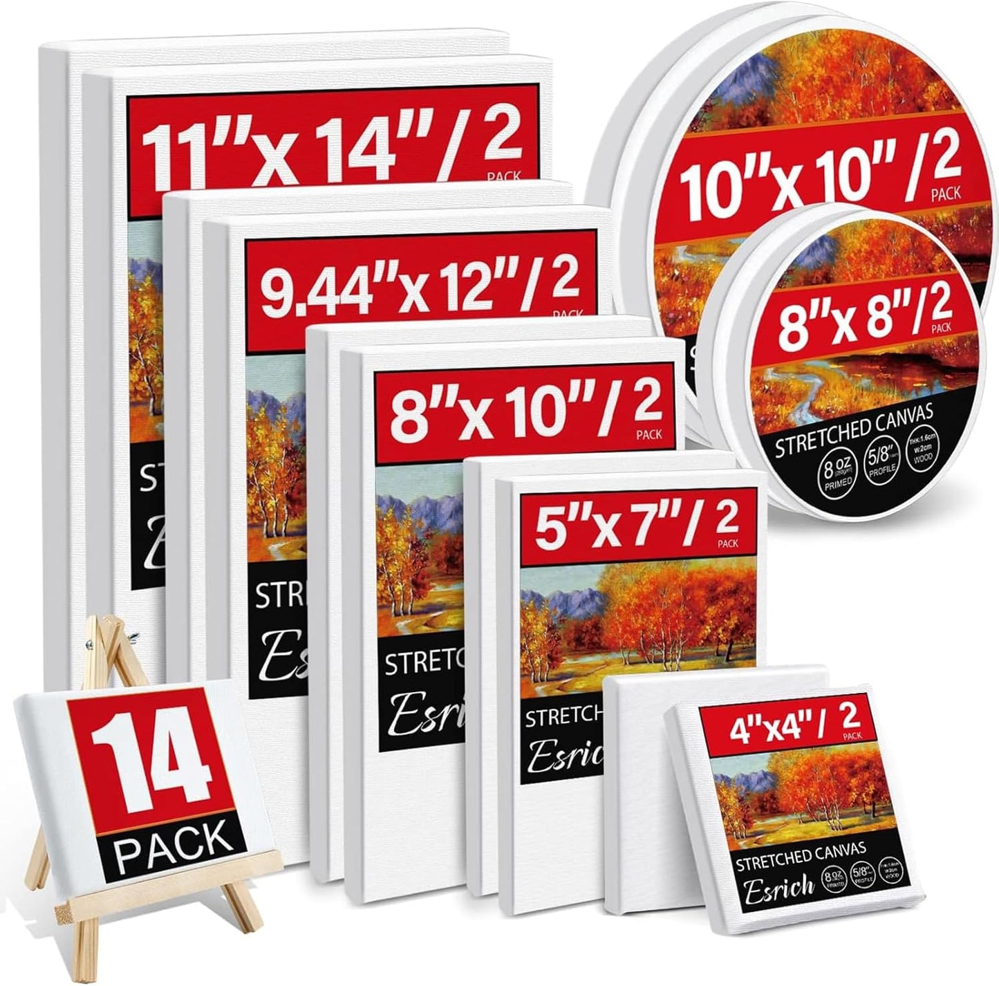 14 Packs Stretched Canvases for Painting, Multi Pack 11x14, 9.44x12, 8x10, 5x7, 4x4, Round Canvas with 8x8,10x10(2 of Each), Blank Primed Canvas, for Oil Paint, Acrylic Paint, for Beginners, Artists.