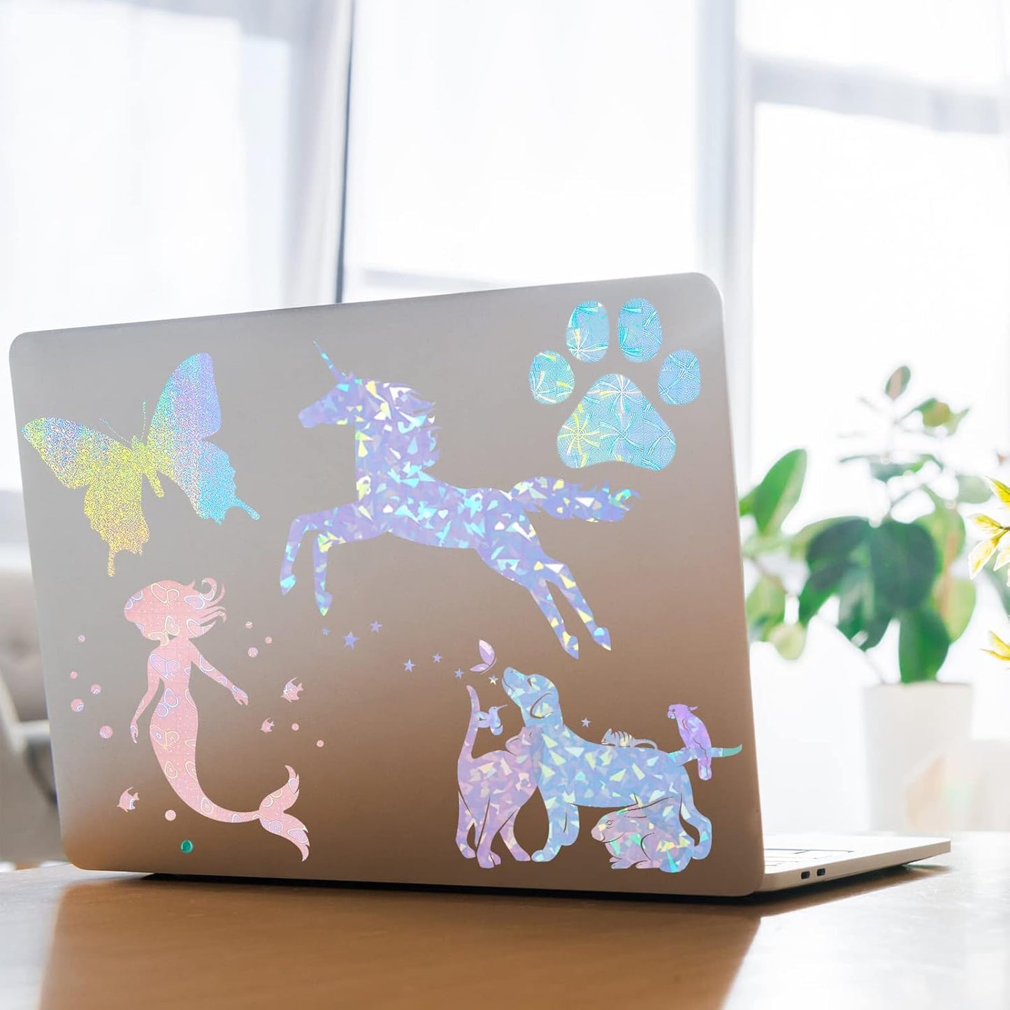 36 Sheets Holographic Sticker Paper Clear A4 Vinyl Sticker Paper Self Adhesive Waterproof Transparent Film Gem Rainbow Star Patterns, 11.7 x 8.3 Inch (Gem,Dot,Butterfly,Grid,Sand Star,Wind Mill)