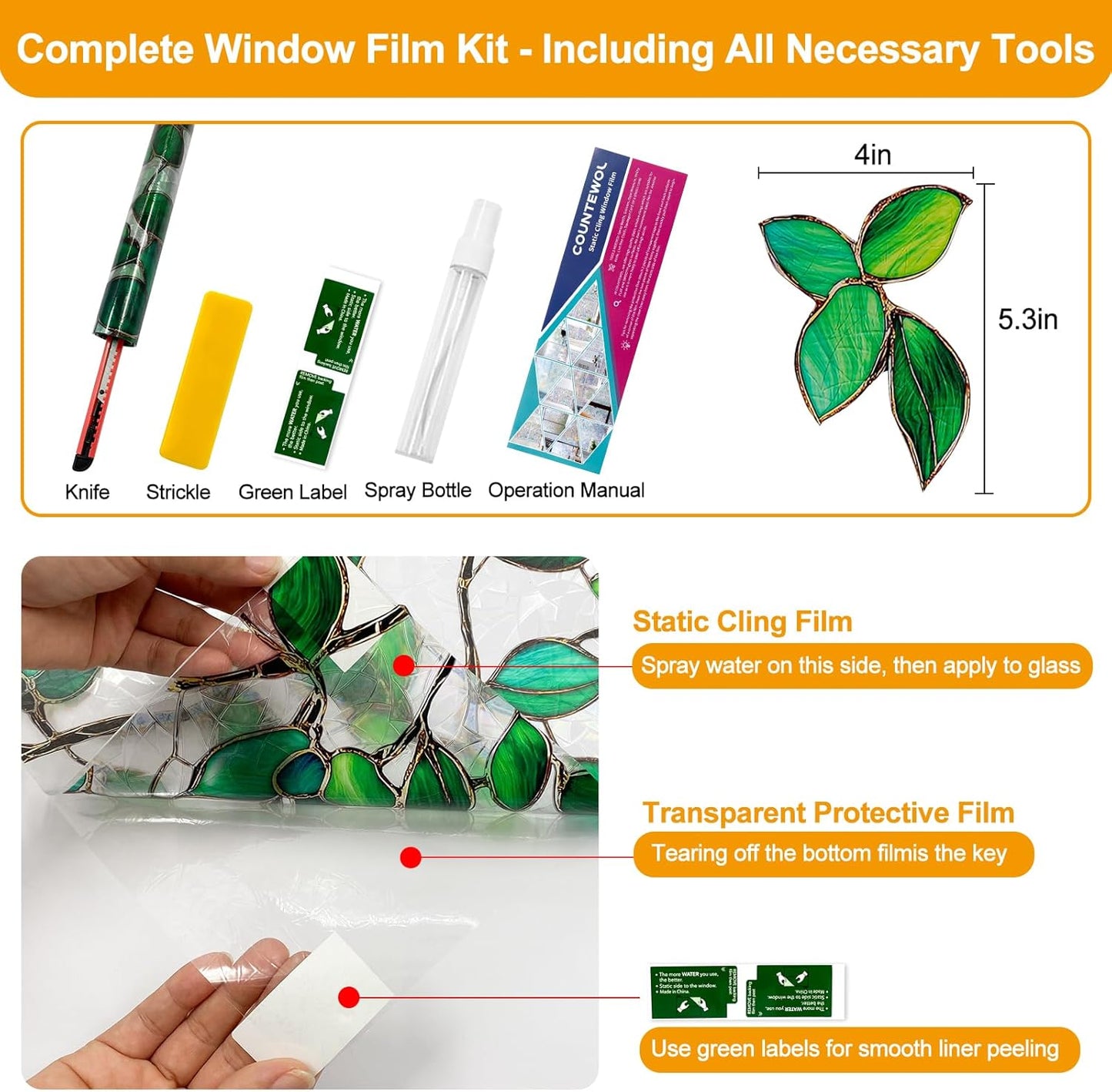 Window Privacy Film Stain Glass Window Film Rainbow Window Film Window clings Non-Adhesive Reusable Decorative for Room (Greenery Leaf, 17.5 x 78.7 in)