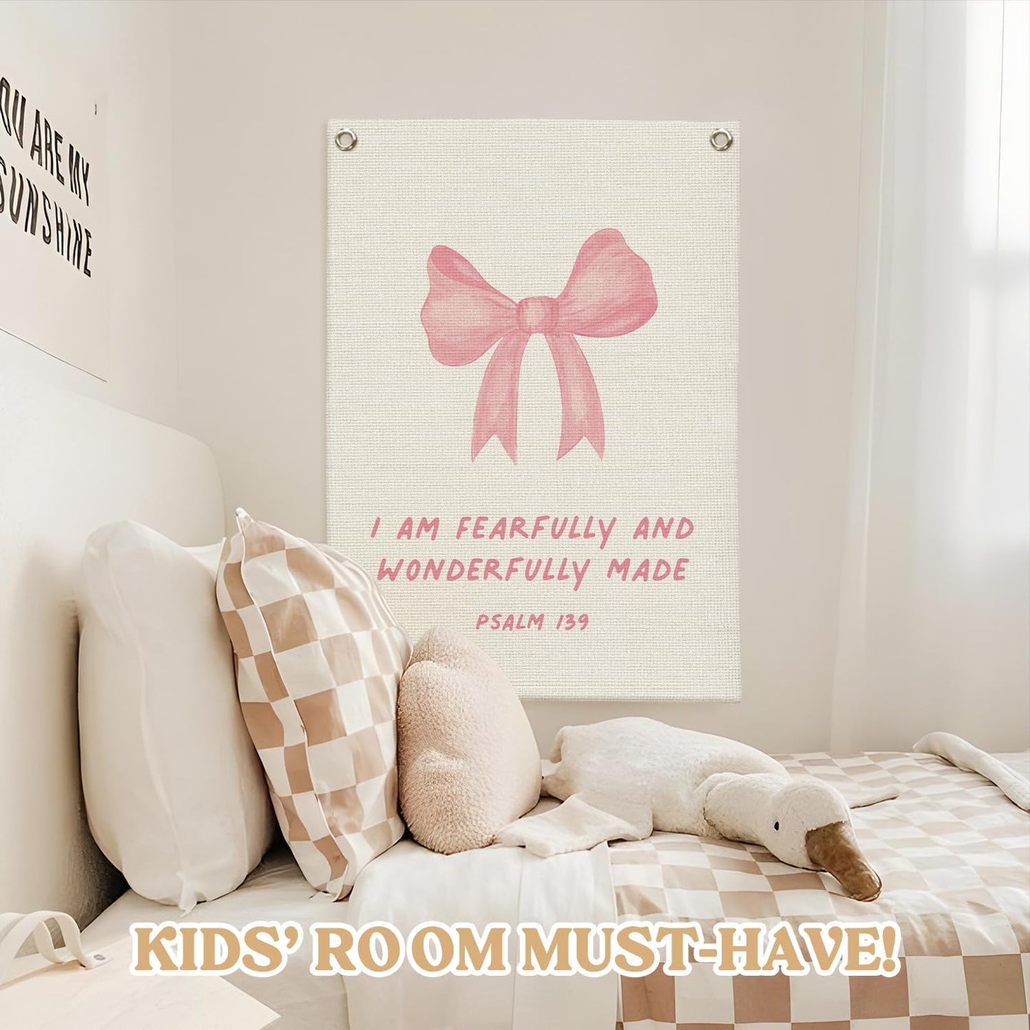 Bible Verses Wall Decor,Pink Coquette Bow Linen Canvas Banner,Christian Wall Art I Am Fearfully And Wonderfully Made Wall Hanging Flag for Kids Girl Bedroom Living Room Dorm 18x25 Inch