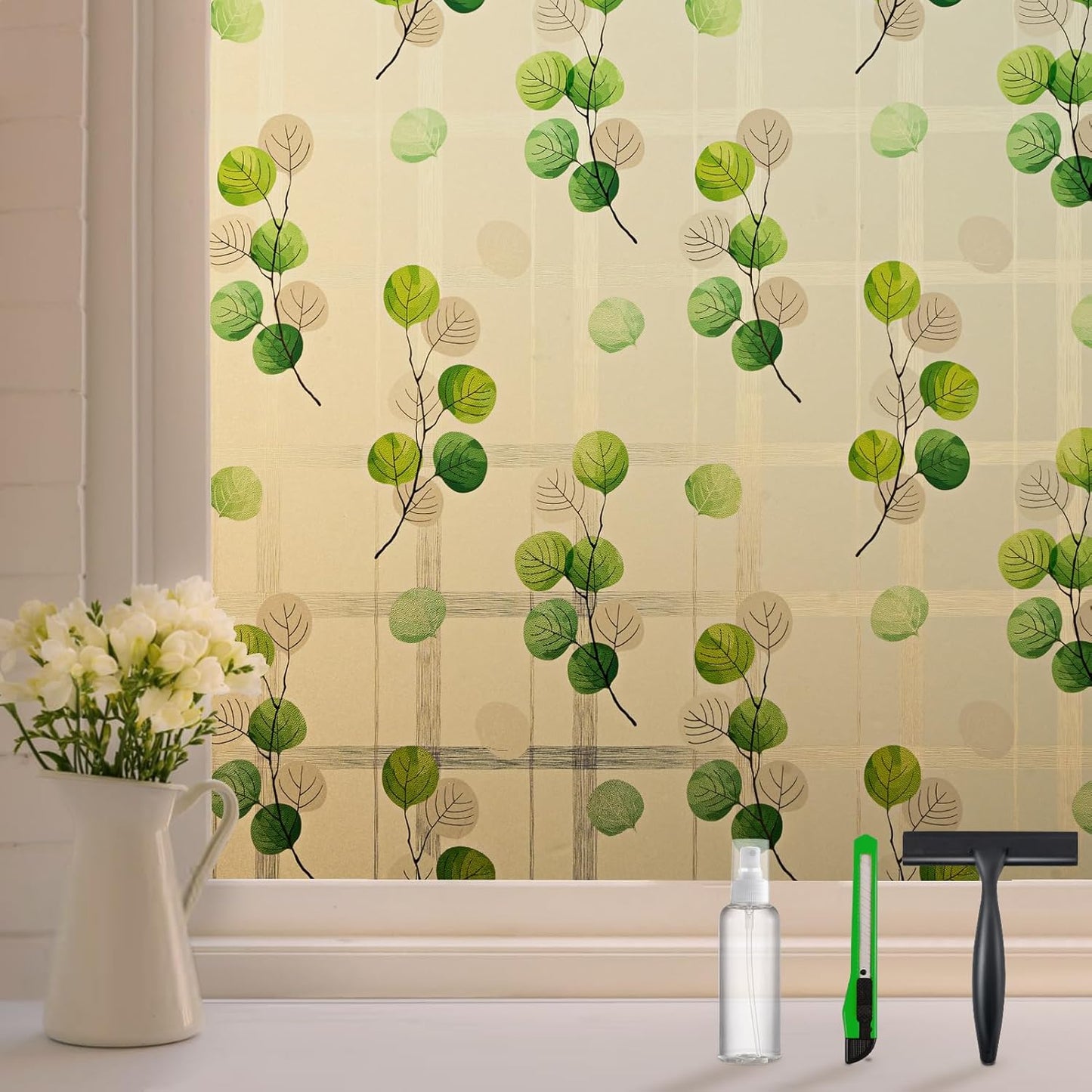 DKTIE Eucalyptus Leaves Stained Glass Window Film with Installation Tools, INS Style Window Privacy Film Decorative, Nordic Style for Home Decor (S541, 17.7'' x 118.1'')